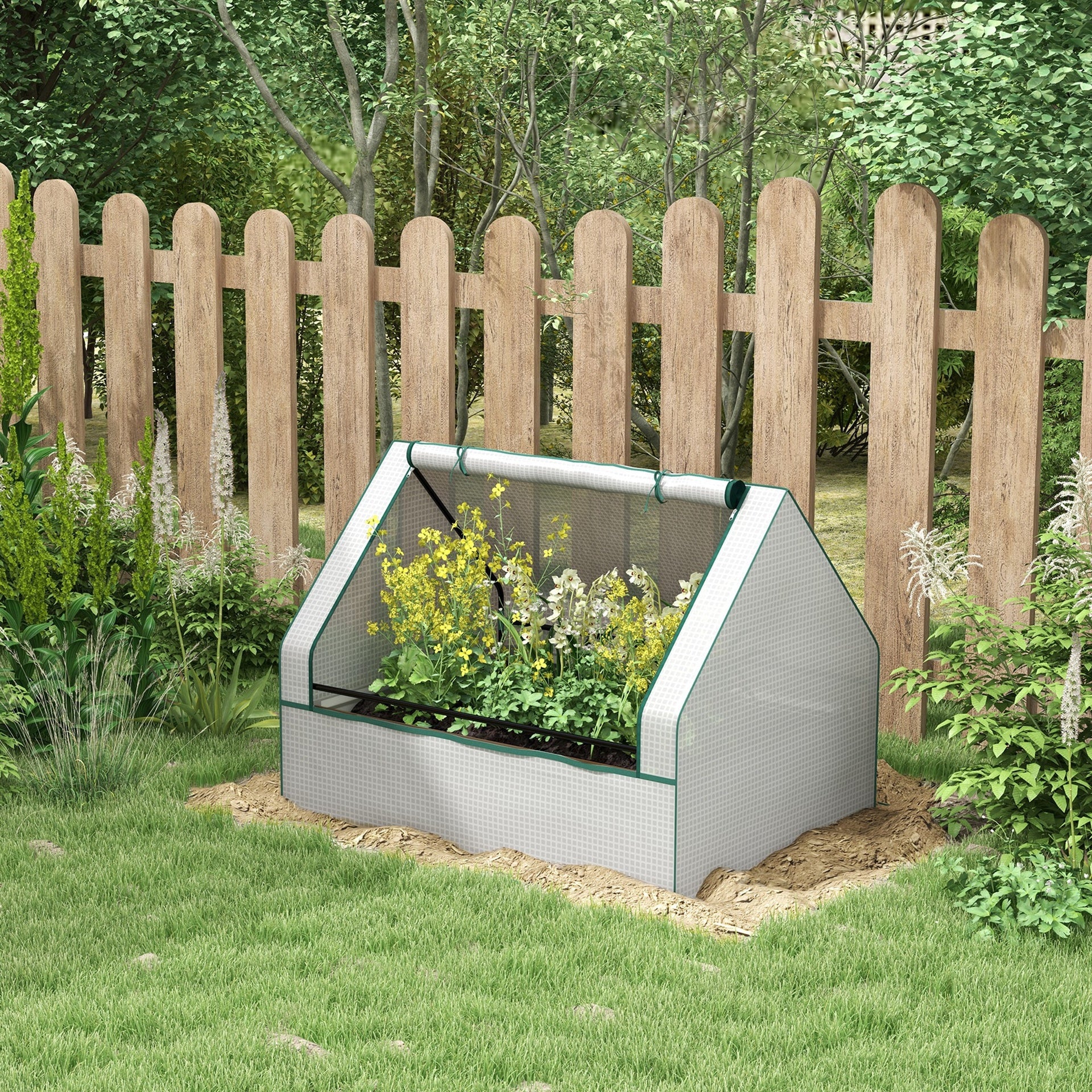 Outsunny Raised Garden Bed, Outdoor Metal Planter Box with Mini Greenhouse, White and Brown