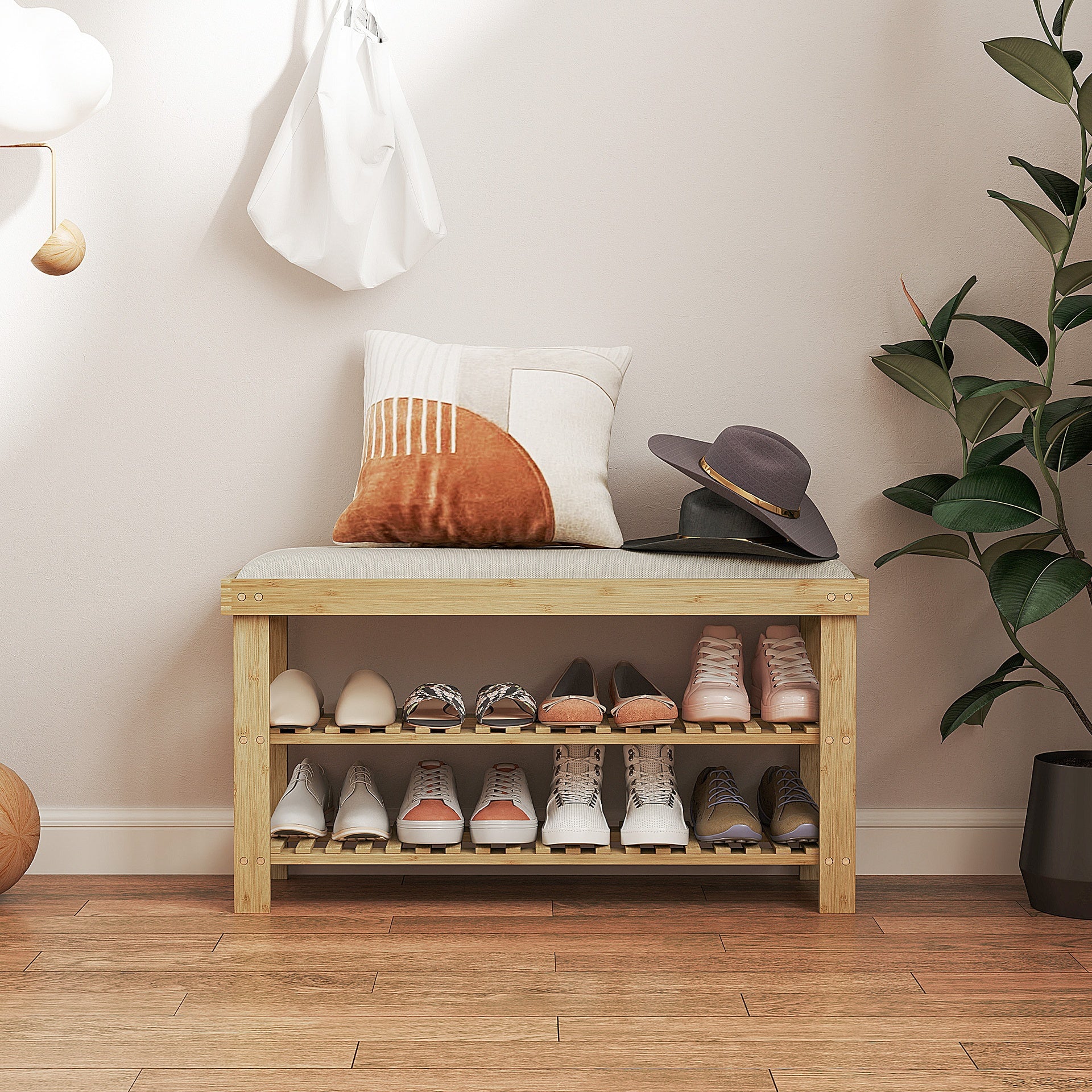 HOMCOM Bamboo Shoe Storage Bench, 3-Tier Entryway Bench with Cushion, Shoe Organizer for Entryway, Hallway, Natural