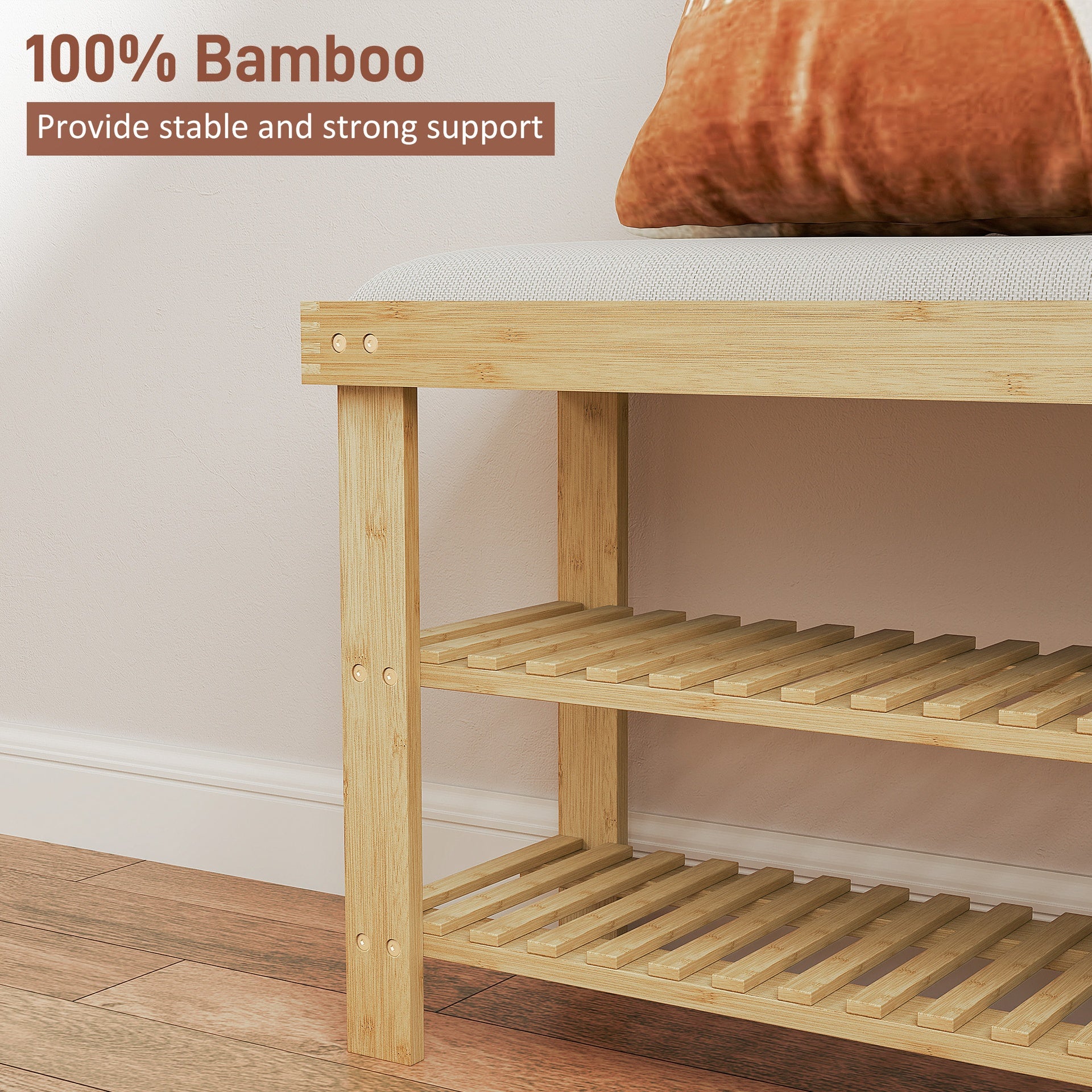 HOMCOM Bamboo Shoe Storage Bench, 3-Tier Entryway Bench with Cushion, Shoe Organizer for Entryway, Hallway, Natural