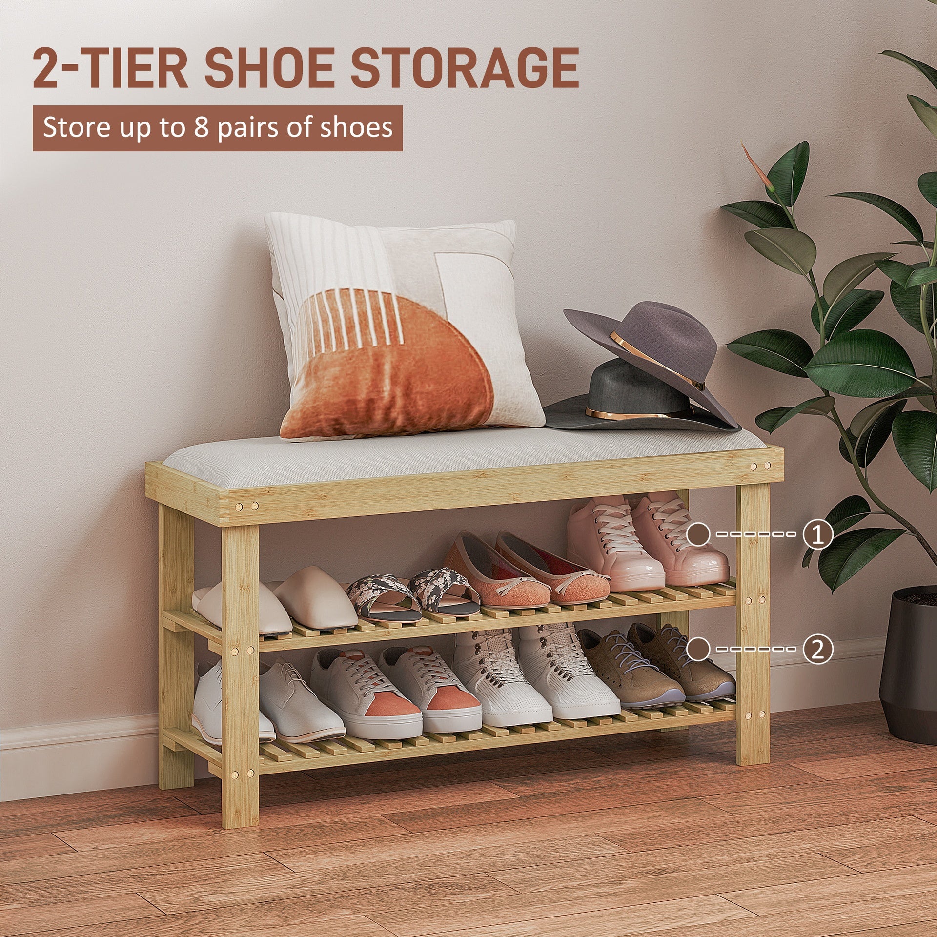 HOMCOM Bamboo Shoe Storage Bench, 3-Tier Entryway Bench with Cushion, Shoe Organizer for Entryway, Hallway, Natural