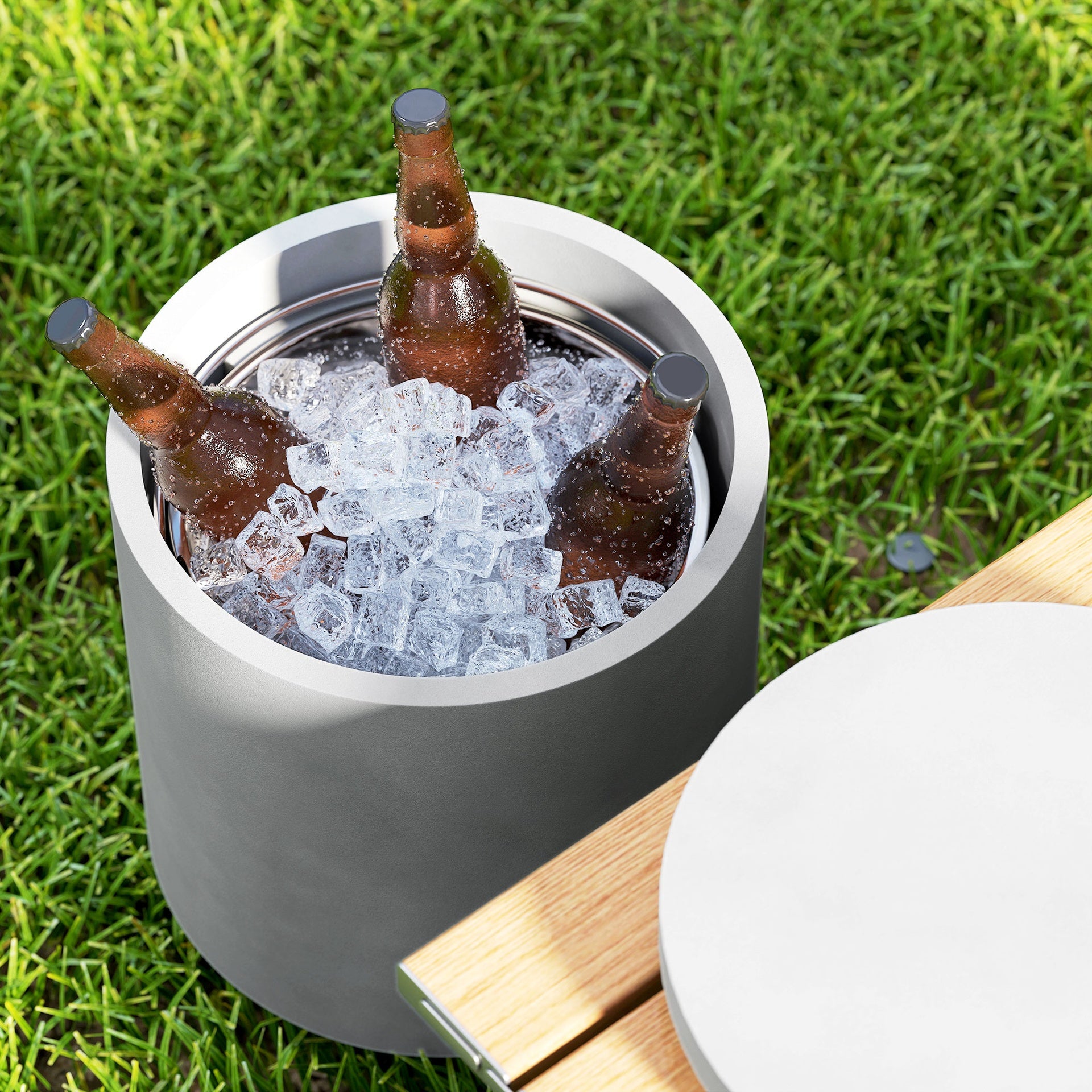 Outsunny 2.6 Gal Outdoor Side Table, 3-In-1 Concrete Cooler Bar Table with Storage, Removable Ice Bucket and Lid, Gray
