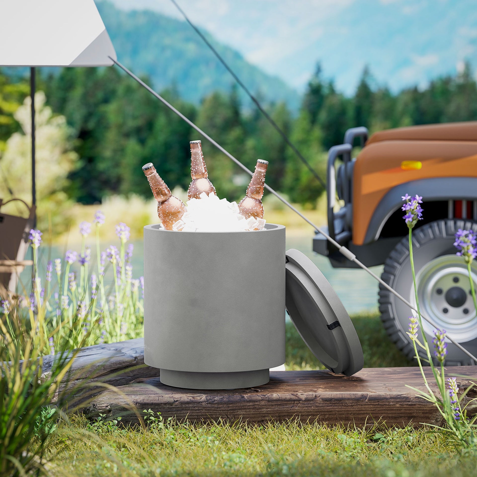 Outsunny 2.6 Gal Outdoor Side Table, 3-In-1 Concrete Cooler Bar Table with Storage, Removable Ice Bucket and Lid, Gray