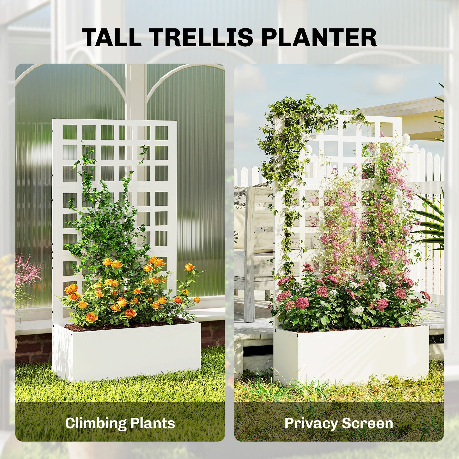 Outsunny Galvanized Raised Garden Bed Planter Box with Trellis for Climbing Plants, Vegetable, Vines, 24" x 9" x 44.5", White