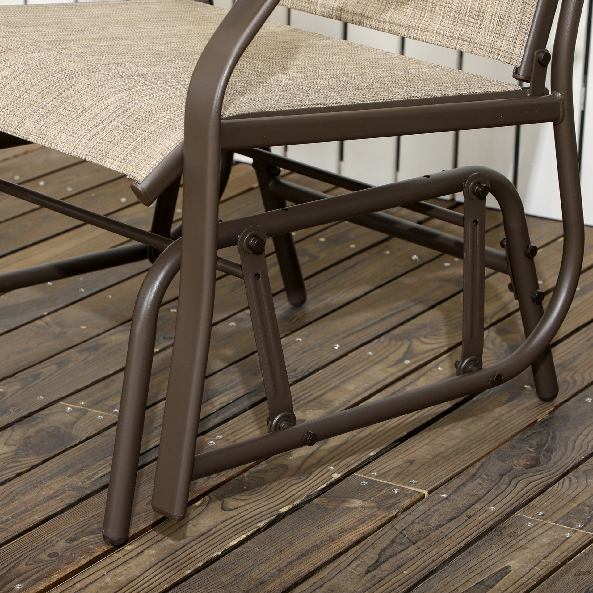 Outsunny 3 Piece Outdoor Glider Chair with Coffee Table Bistro Set, 2 Patio Rocking Swing Chairs with Breathable Sling Fabric, Glass Tabletop, for Backyard, Garden and Porch, Mixed Brown