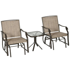 Outsunny 3 Piece Outdoor Glider Chair with Coffee Table Bistro Set, 2 Patio Rocking Swing Chairs with Breathable Sling Fabric, Glass Tabletop, for Backyard, Garden and Porch, Mixed Brown