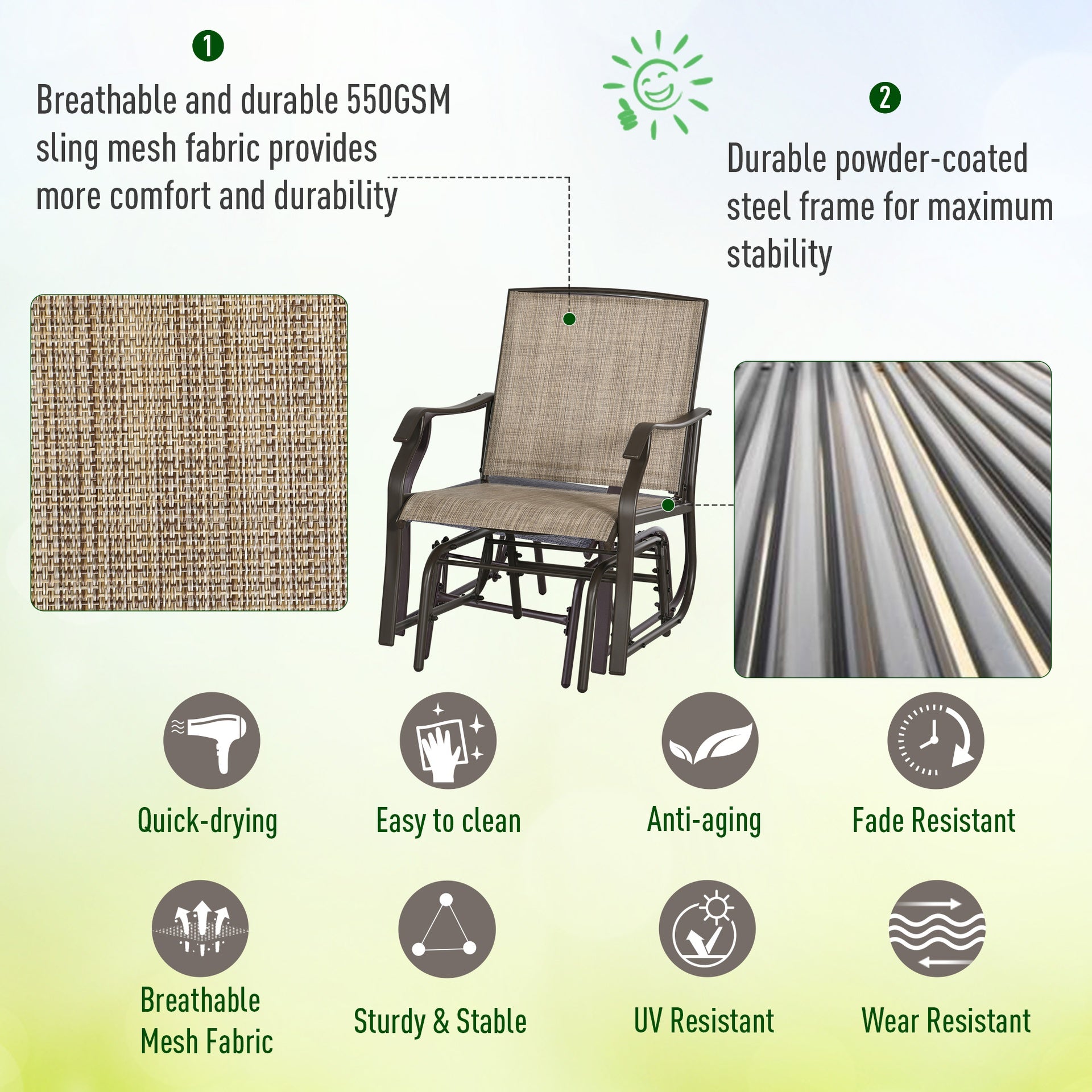 Outsunny 3 Piece Outdoor Glider Chair with Coffee Table Bistro Set, 2 Patio Rocking Swing Chairs with Breathable Sling Fabric, Glass Tabletop, for Backyard, Garden and Porch, Mixed Brown