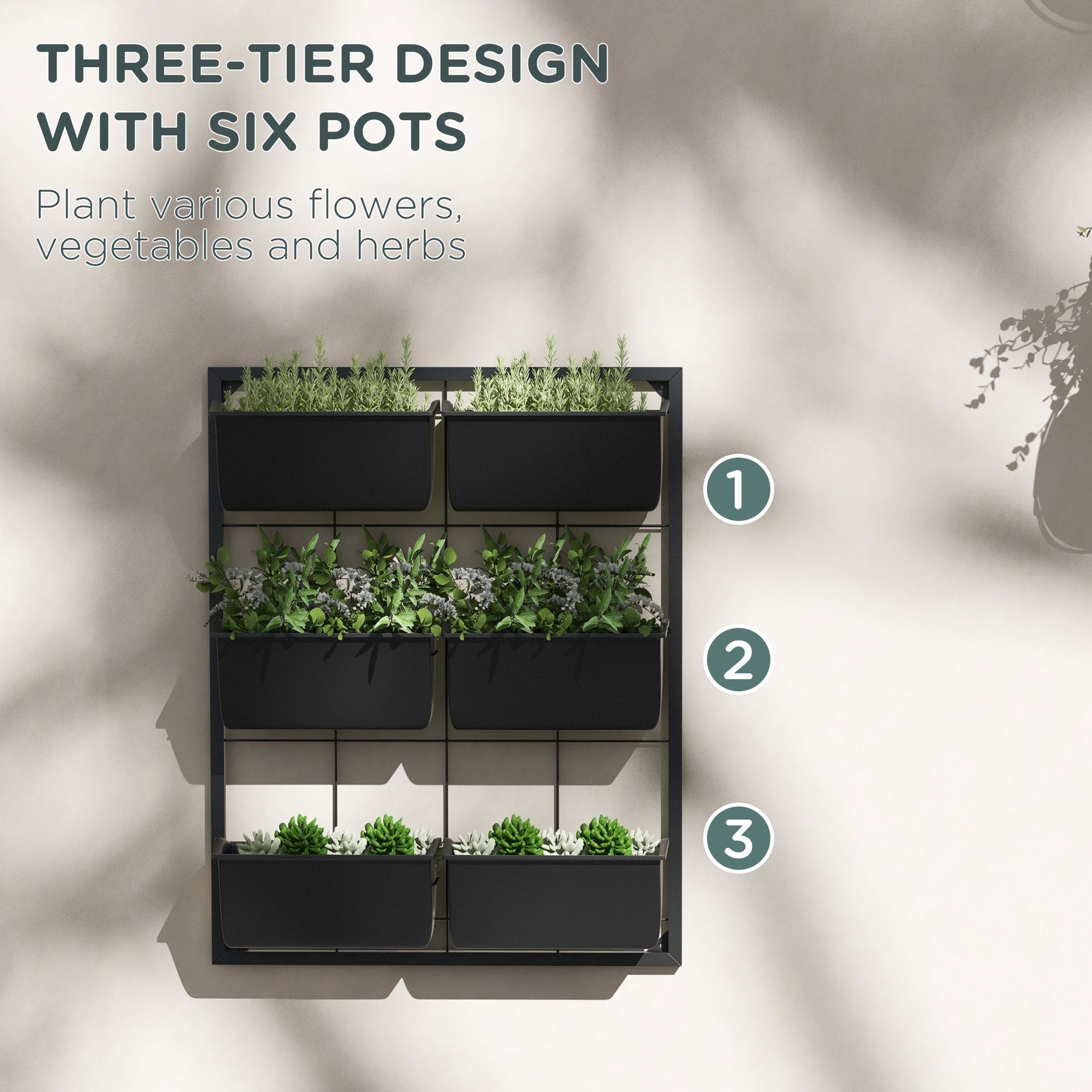 Outsunny 3-Tier Hanging Planter with 6 Pots for Indoor and Outdoor Use, Wall Planter, Self Draining & Wall Mounted, Black