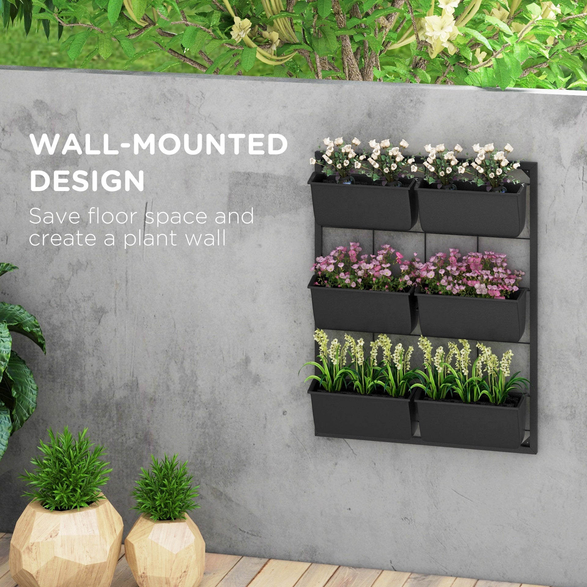 Outsunny 3-Tier Hanging Planter with 6 Pots for Indoor and Outdoor Use, Wall Planter, Self Draining & Wall Mounted, Black