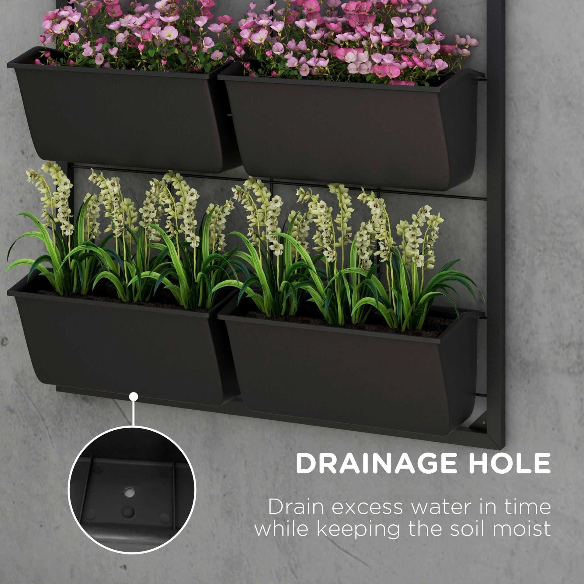 Outsunny 3-Tier Hanging Planter with 6 Pots for Indoor and Outdoor Use, Wall Planter, Self Draining & Wall Mounted, Black