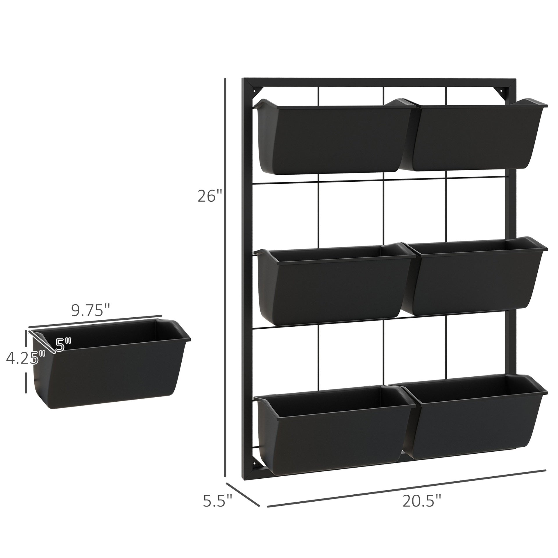 Outsunny 3-Tier Hanging Planter with 6 Pots for Indoor and Outdoor Use, Wall Planter, Self Draining & Wall Mounted, Black