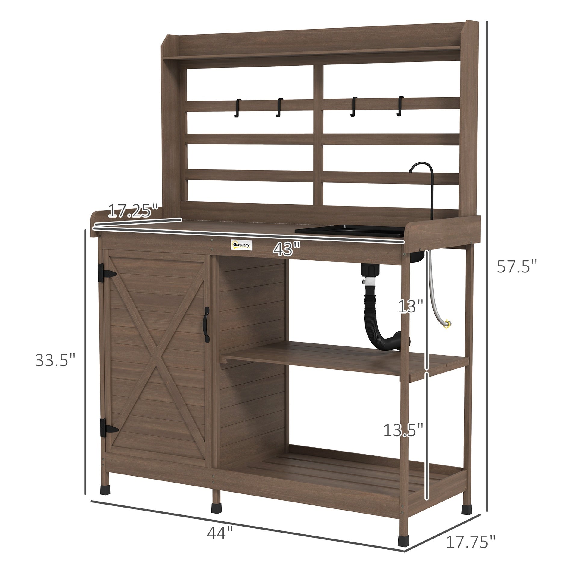 Outsunny Wooden Potting Bench with Storage, Sink, Water Tap for Backyard, Patio, Balcony, Dark Brown