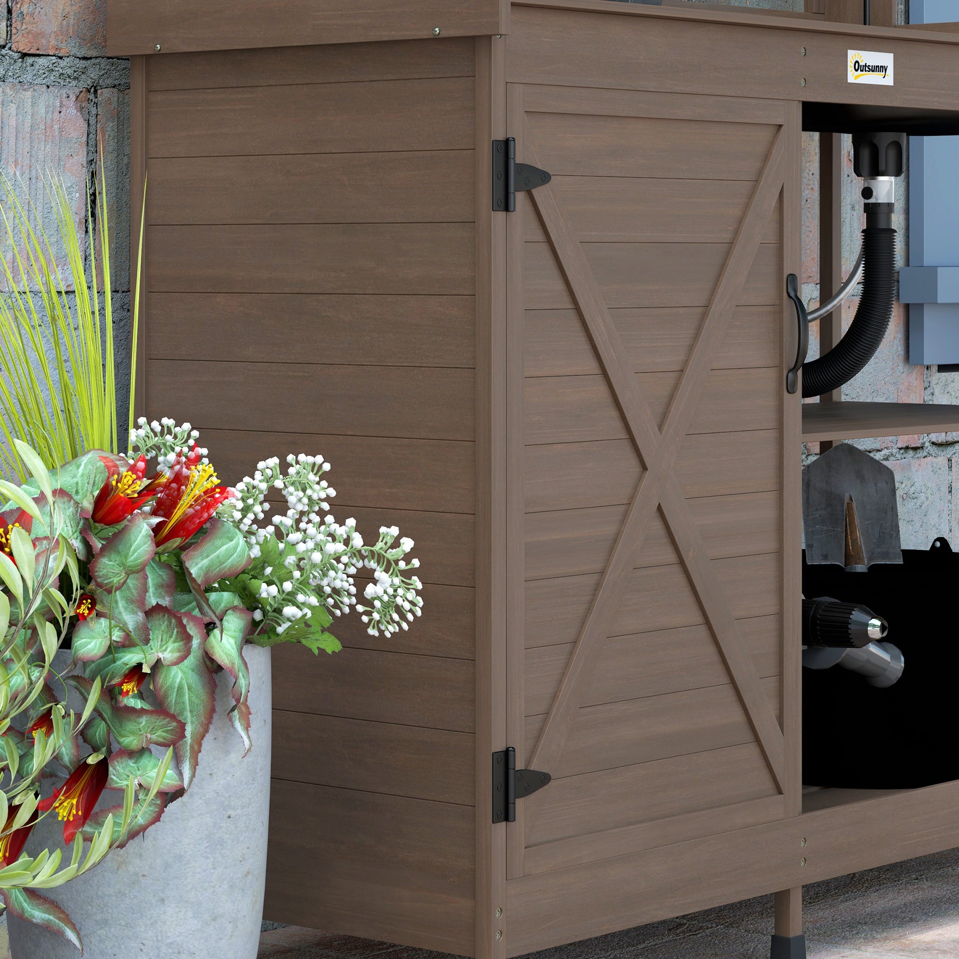 Outsunny Wooden Potting Bench with Storage, Sink, Water Tap for Backyard, Patio, Balcony, Dark Brown