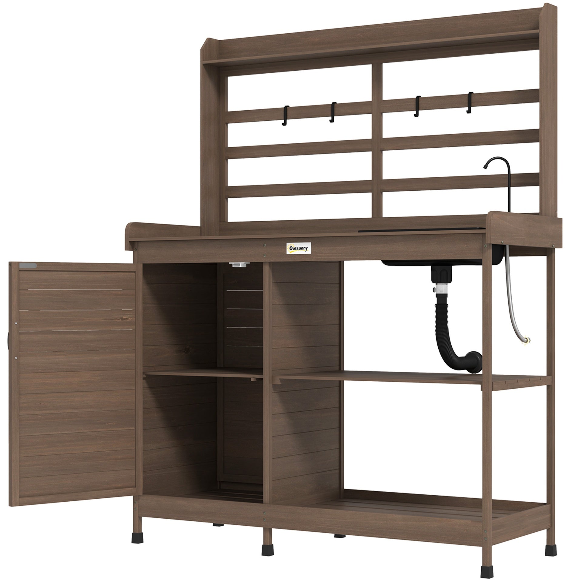 Outsunny Wooden Potting Bench with Storage, Sink, Water Tap for Backyard, Patio, Balcony, Dark Brown