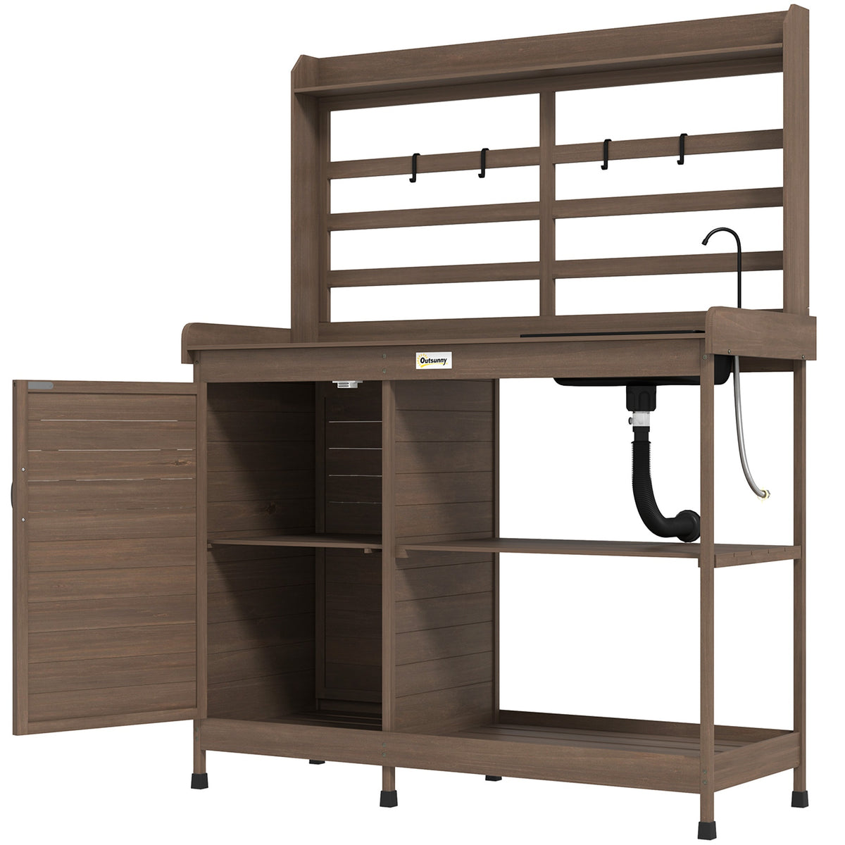 Outsunny Wooden Potting Bench with Storage, Sink, Water Tap for Backyard, Patio, Balcony, Dark Brown