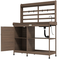 Outsunny Wooden Potting Bench with Storage, Sink, Water Tap for Backyard, Patio, Balcony, Dark Brown