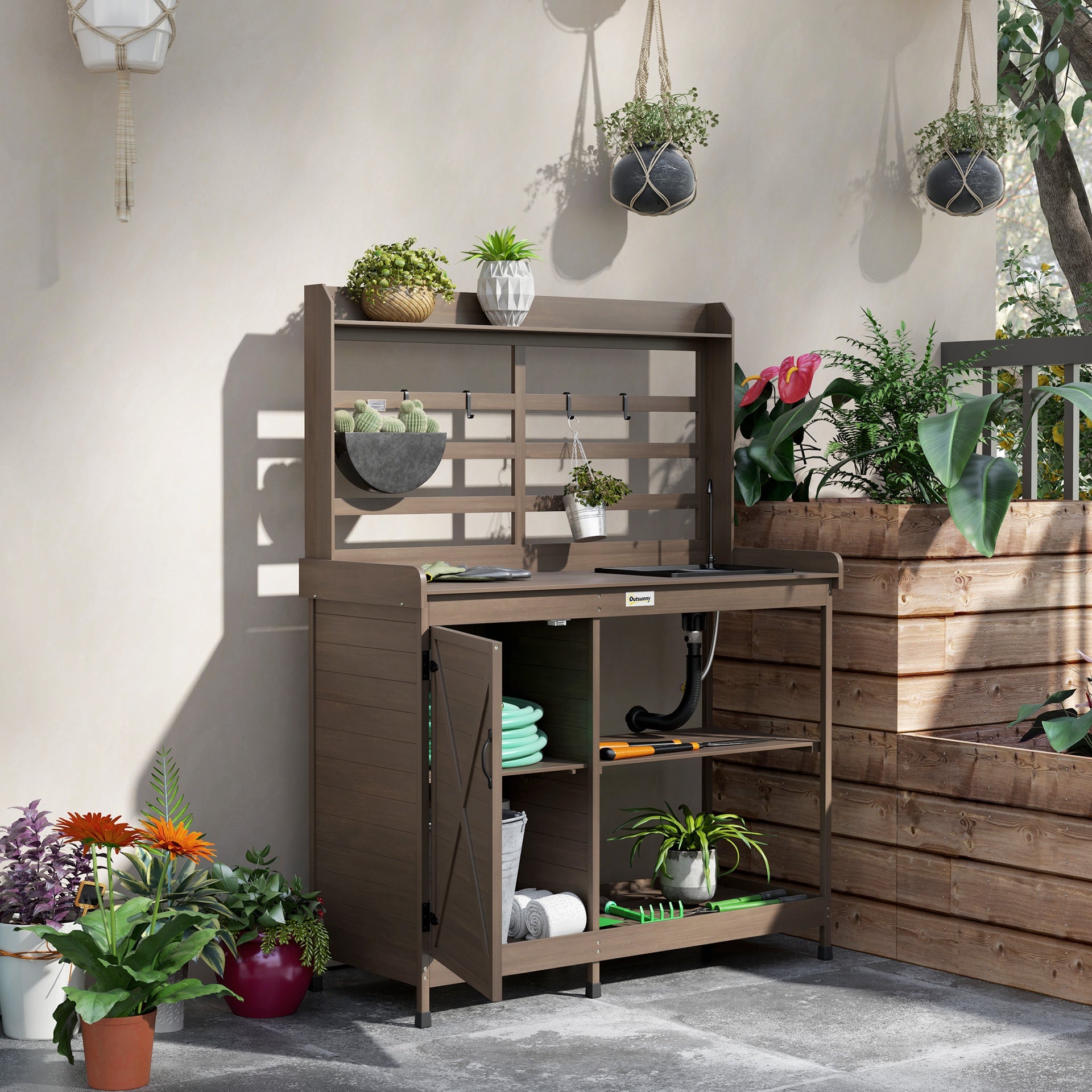 Outsunny Wooden Potting Bench with Storage, Sink, Water Tap for Backyard, Patio, Balcony, Dark Brown