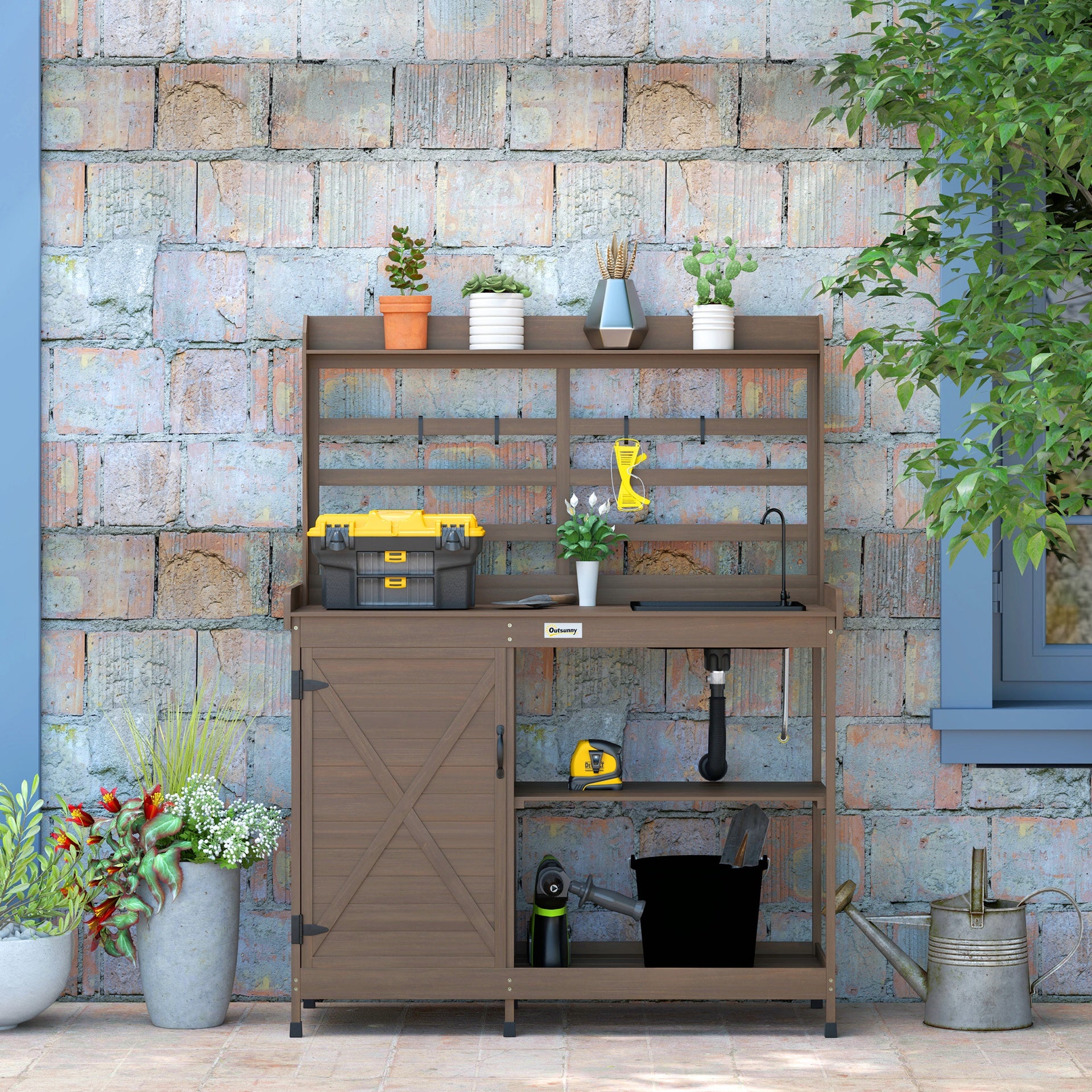 Outsunny Wooden Potting Bench with Storage, Sink, Water Tap for Backyard, Patio, Balcony, Dark Brown