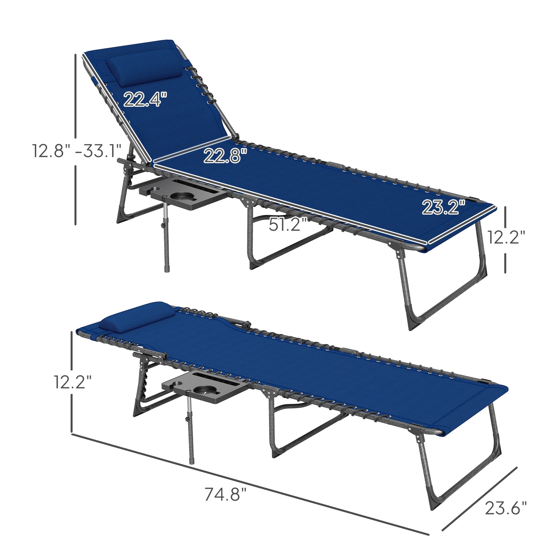 Outsunny Folding Outdoor Chaise Lounge Chair Tanning Chair with 5-Level Adjustable Back, Side Table, Pillow, Pocket, Dark Blue