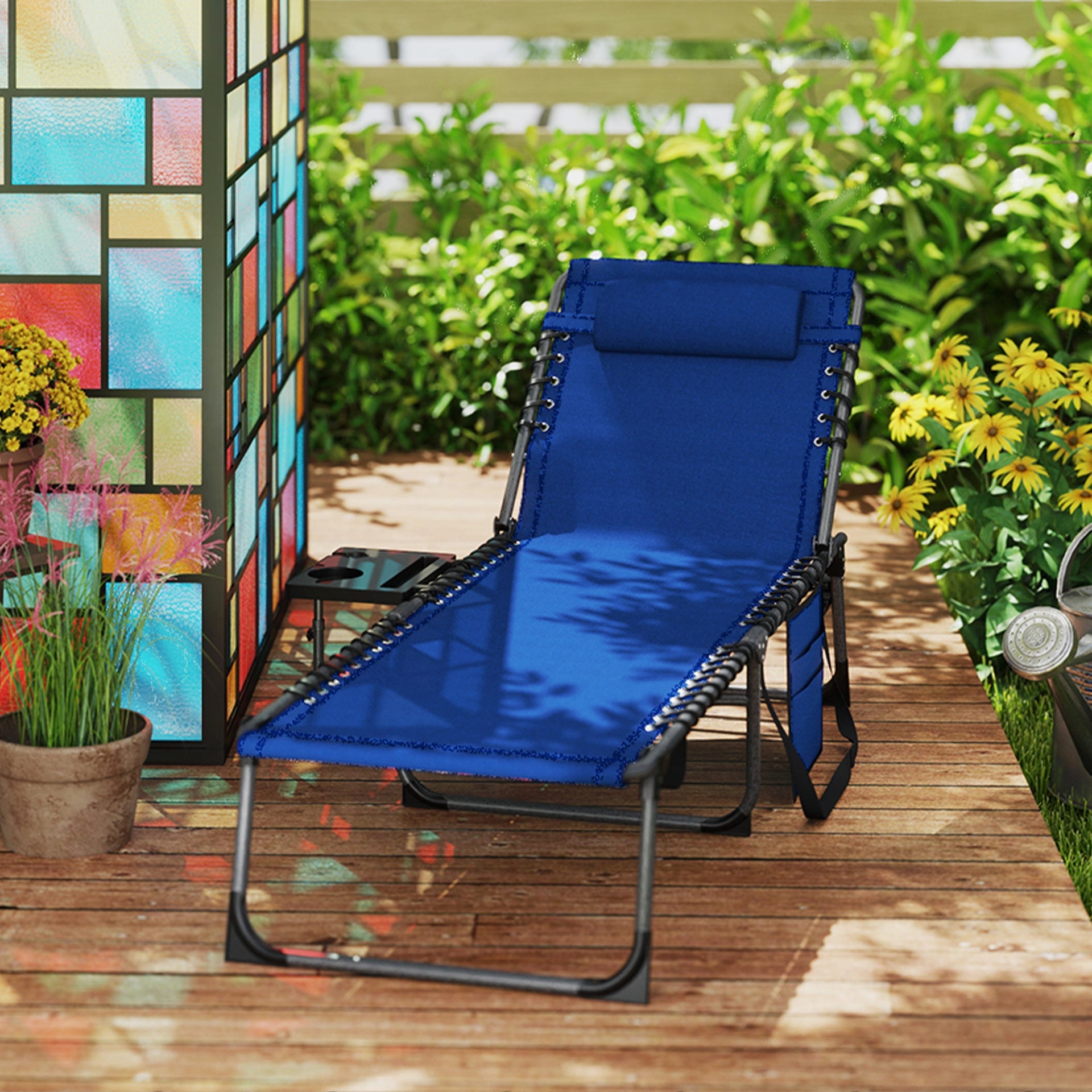 Outsunny Folding Outdoor Chaise Lounge Chair Tanning Chair with 5-Level Adjustable Back, Side Table, Pillow, Pocket, Dark Blue