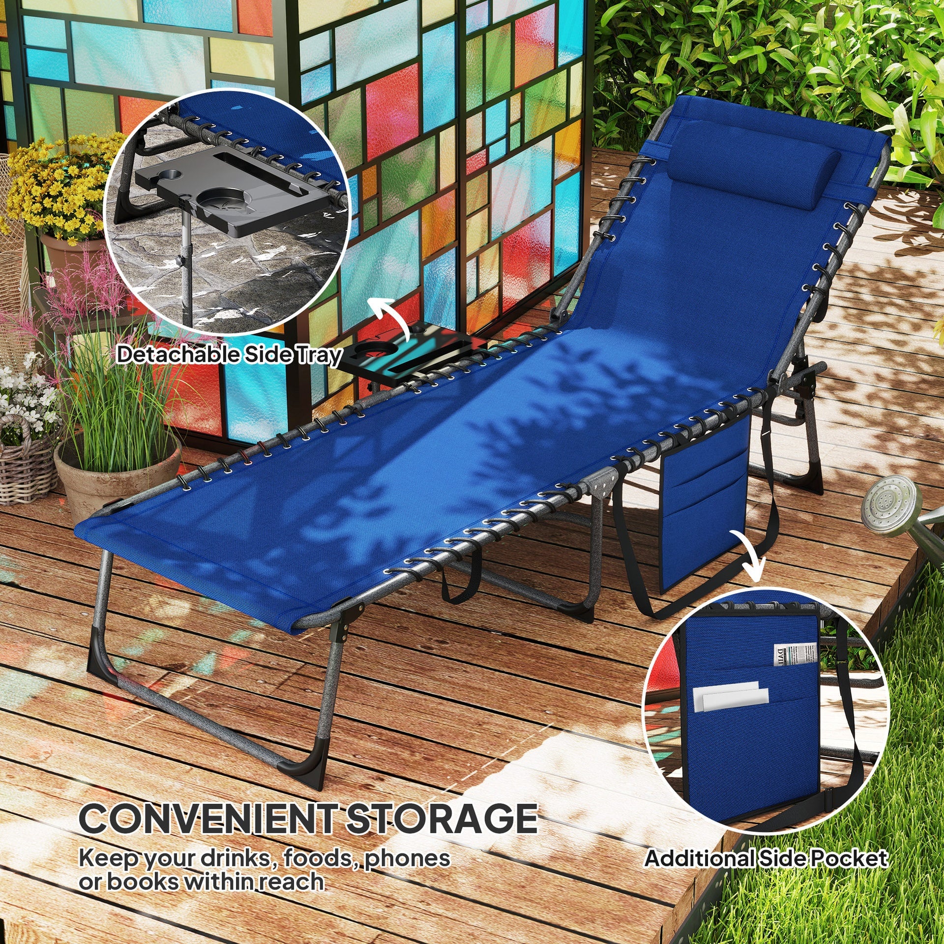 Outsunny Folding Outdoor Chaise Lounge Chair Tanning Chair with 5-Level Adjustable Back, Side Table, Pillow, Pocket, Dark Blue
