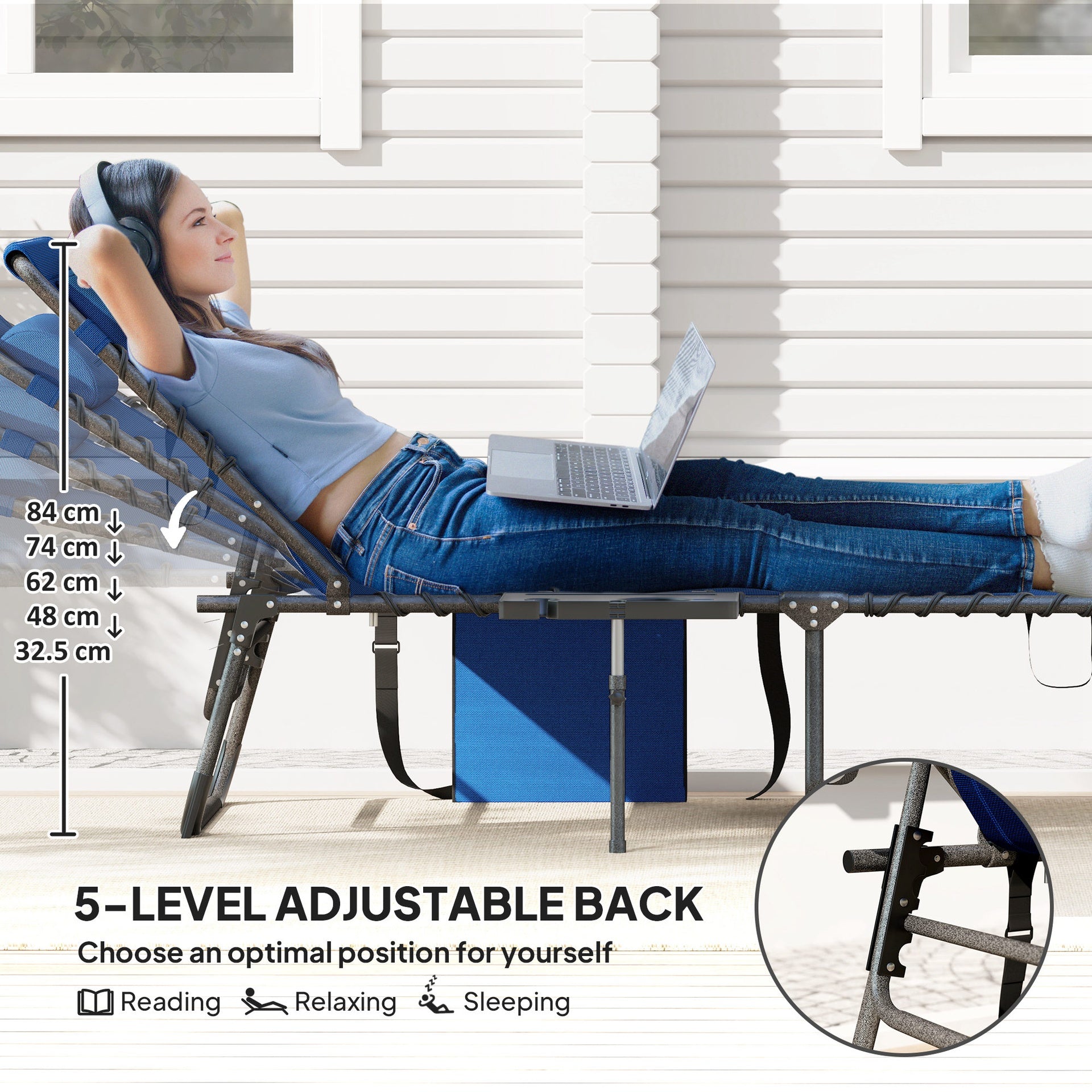 Outsunny Folding Outdoor Chaise Lounge Chair Tanning Chair with 5-Level Adjustable Back, Side Table, Pillow, Pocket, Dark Blue