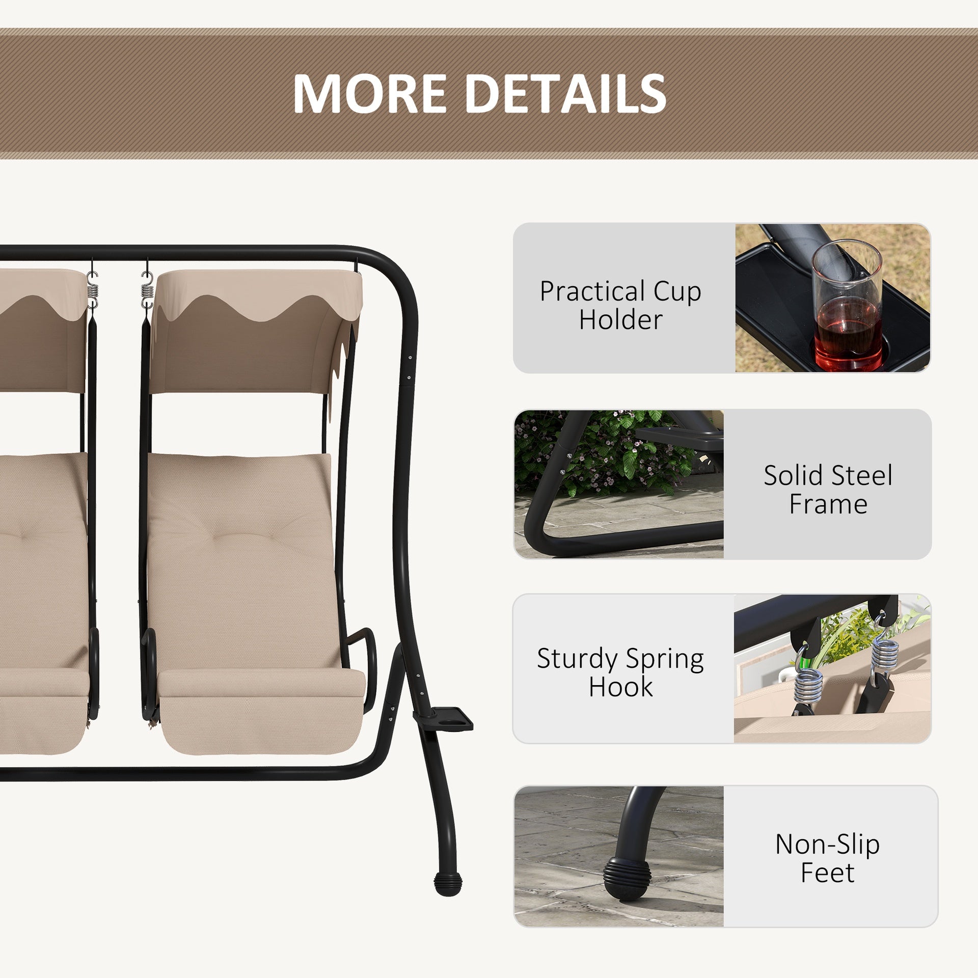 Outsunny 2-Seater Outdoor Porch Swing with Canopy, Patio Swing Chair for Garden, Poolside, Backyard, Beige