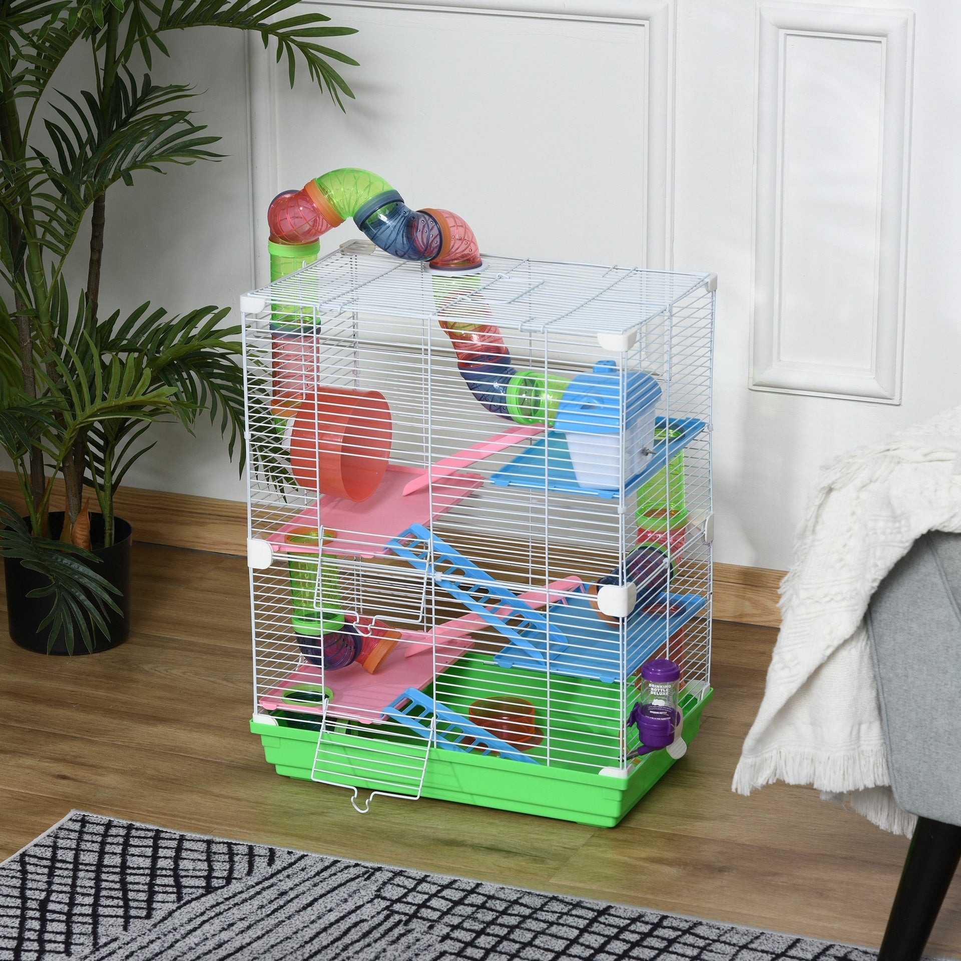 PawHut 5 Tiers Hamster Cage Portable Animal Travel Carrier w/ Exercise Wheels Tube