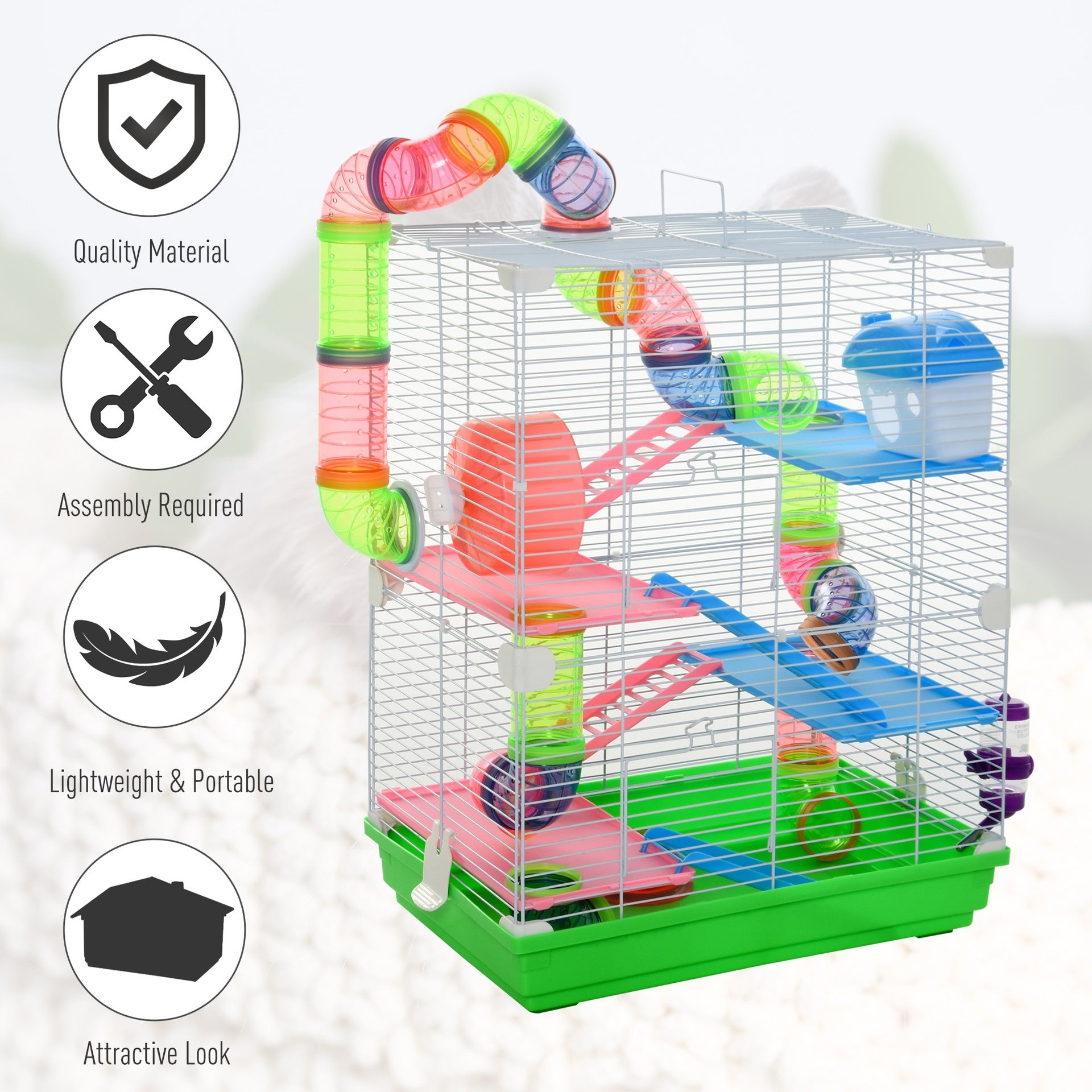 PawHut 5 Tiers Hamster Cage Portable Animal Travel Carrier w/ Exercise Wheels Tube