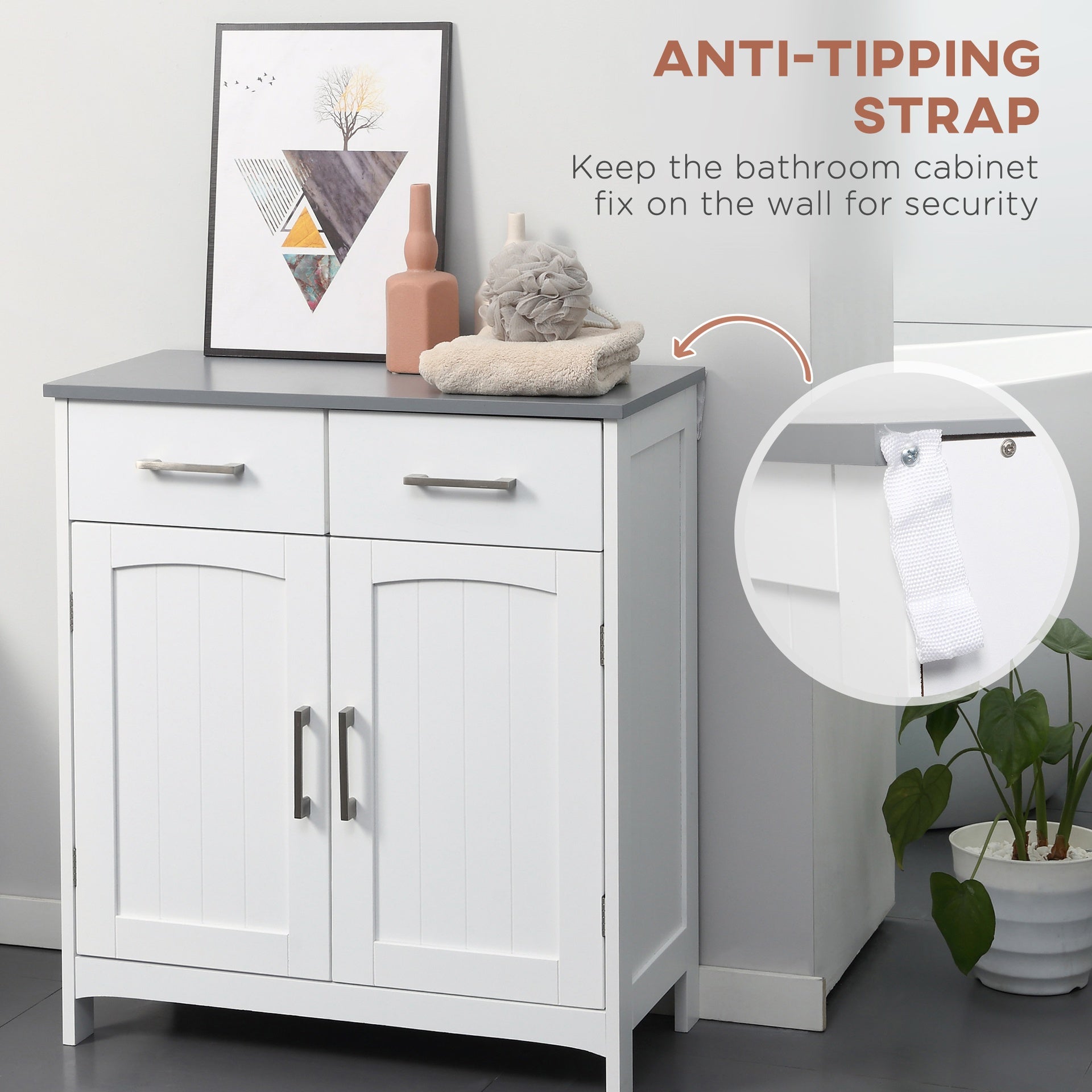 kleankin Bathroom Floor Cabinet, Freestanding Linen Cabinet, Storage Cabinet with 2 Drawers, Double Doors, Adjustable Shelf, White