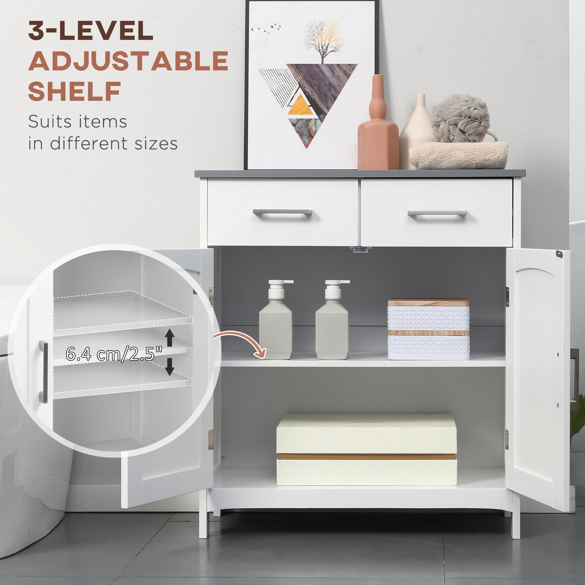 kleankin Bathroom Floor Cabinet, Freestanding Linen Cabinet, Storage Cabinet with 2 Drawers, Double Doors, Adjustable Shelf, White