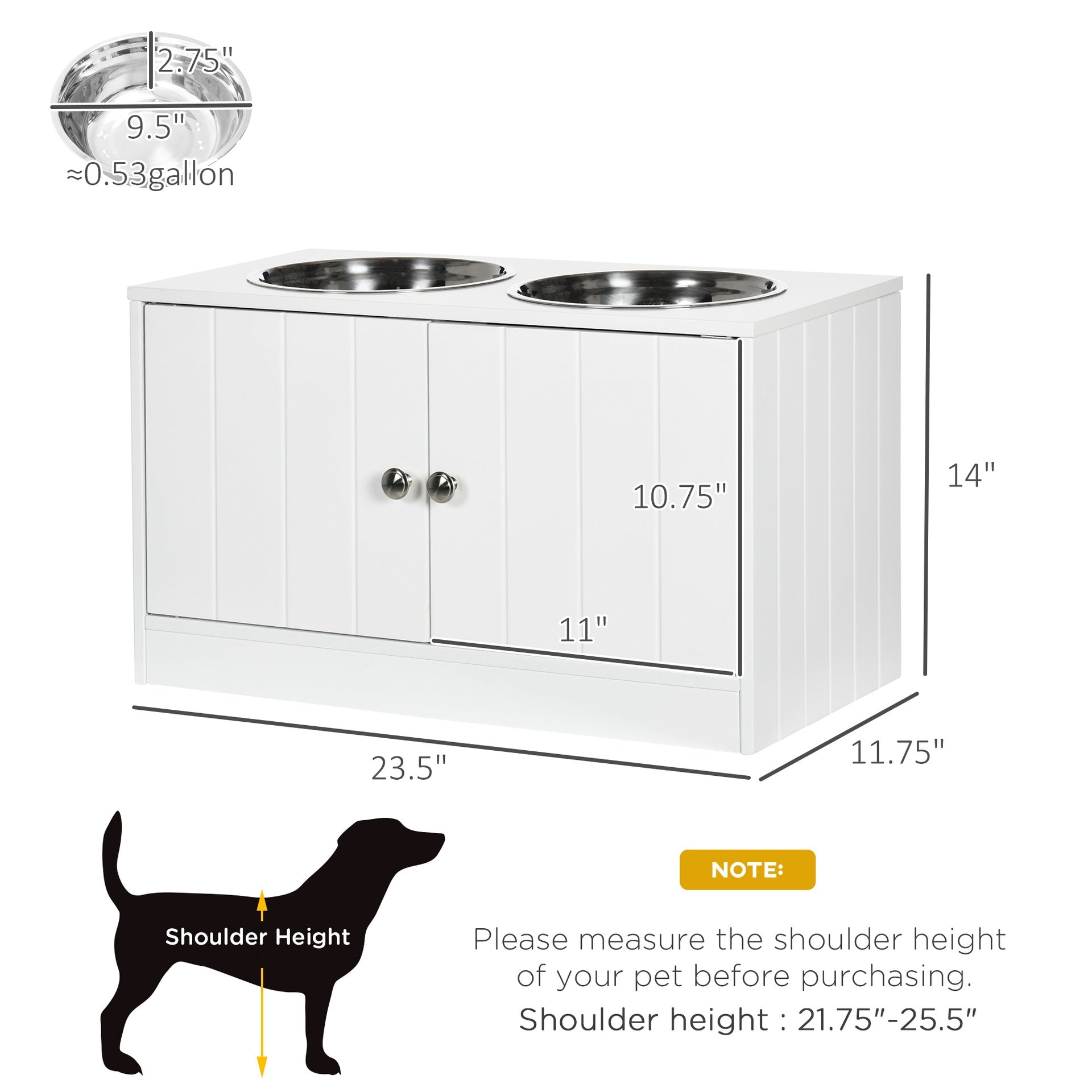 PawHut Large Elevated Dog Bowls with Storage Cabinet Containing Large 44L Capacity, Raised Dog Bowl Stand Pet Food Bowl Pet Feeding Station, White