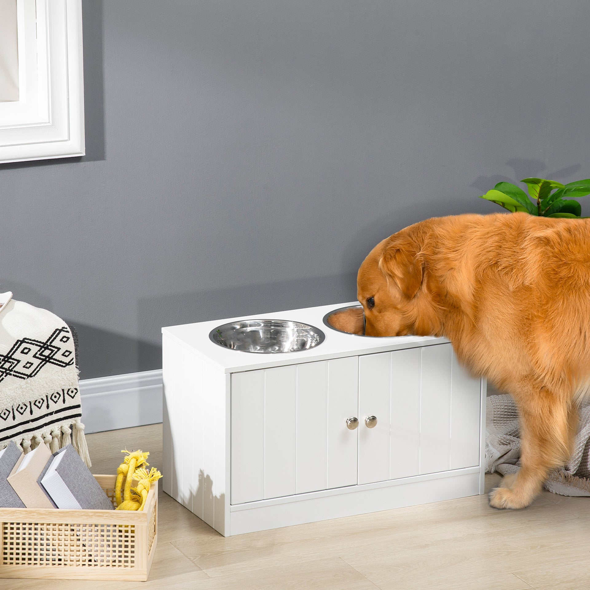 PawHut Large Elevated Dog Bowls with Storage Cabinet Containing Large 44L Capacity, Raised Dog Bowl Stand Pet Food Bowl Pet Feeding Station, White