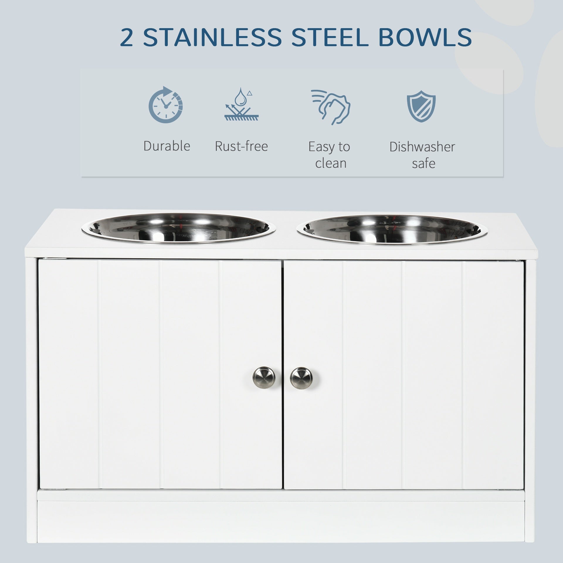 PawHut Large Elevated Dog Bowls with Storage Cabinet Containing Large 44L Capacity, Raised Dog Bowl Stand Pet Food Bowl Pet Feeding Station, White