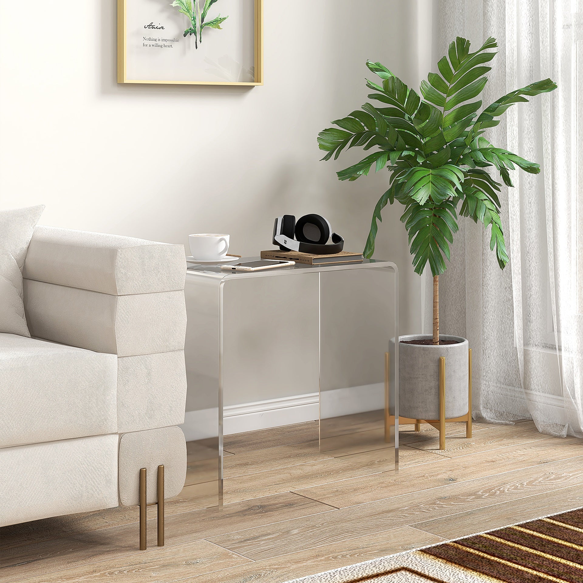HOMCOM Modern Acrylic End Table, Waterfall Side Table with Rounded Edges and Storage for Small Spaces, 21" x 12" x 21", Clear