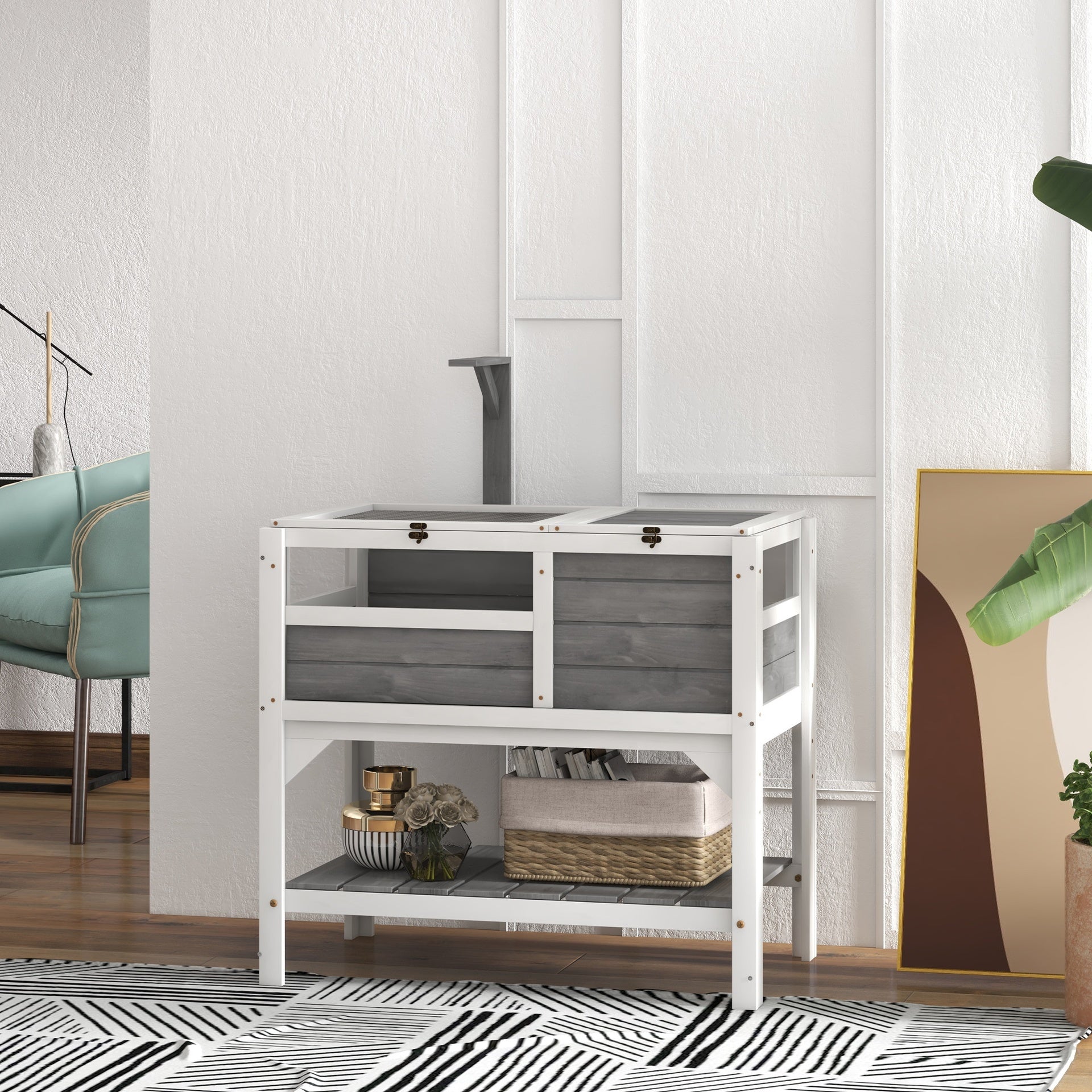 PawHut Tortoise Habitat with Shelf Storage Tortoise Gift Accessory with Weather Protection for Indoor, Light Gray