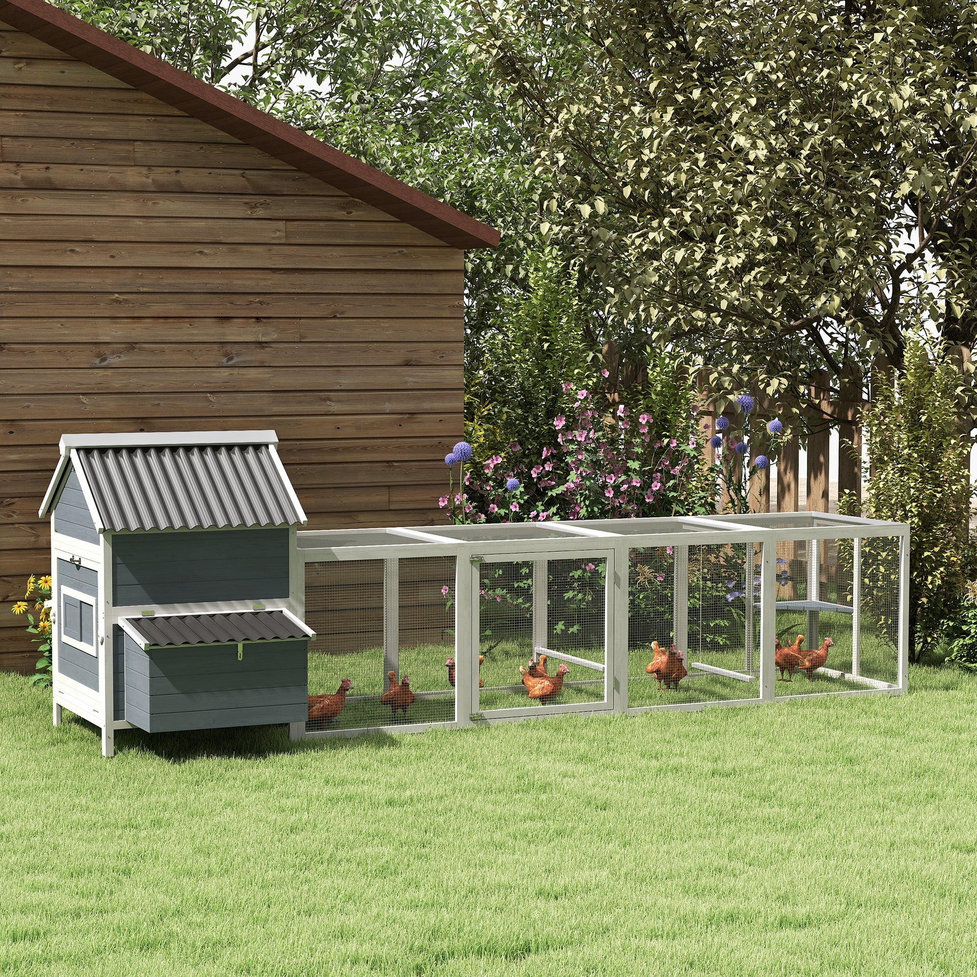 PawHut 156" Extra Large Wooden Chicken Coop with 2 Nesting Box, Run Cage, Waterproof Wave Roof, for 10-15 Chickens, Light Gray