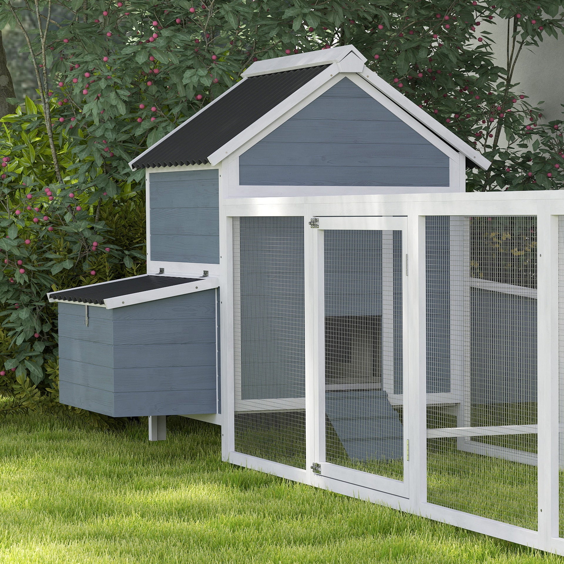 PawHut 156" Extra Large Wooden Chicken Coop with 2 Nesting Box, Run Cage, Waterproof Wave Roof, for 10-15 Chickens, Light Gray