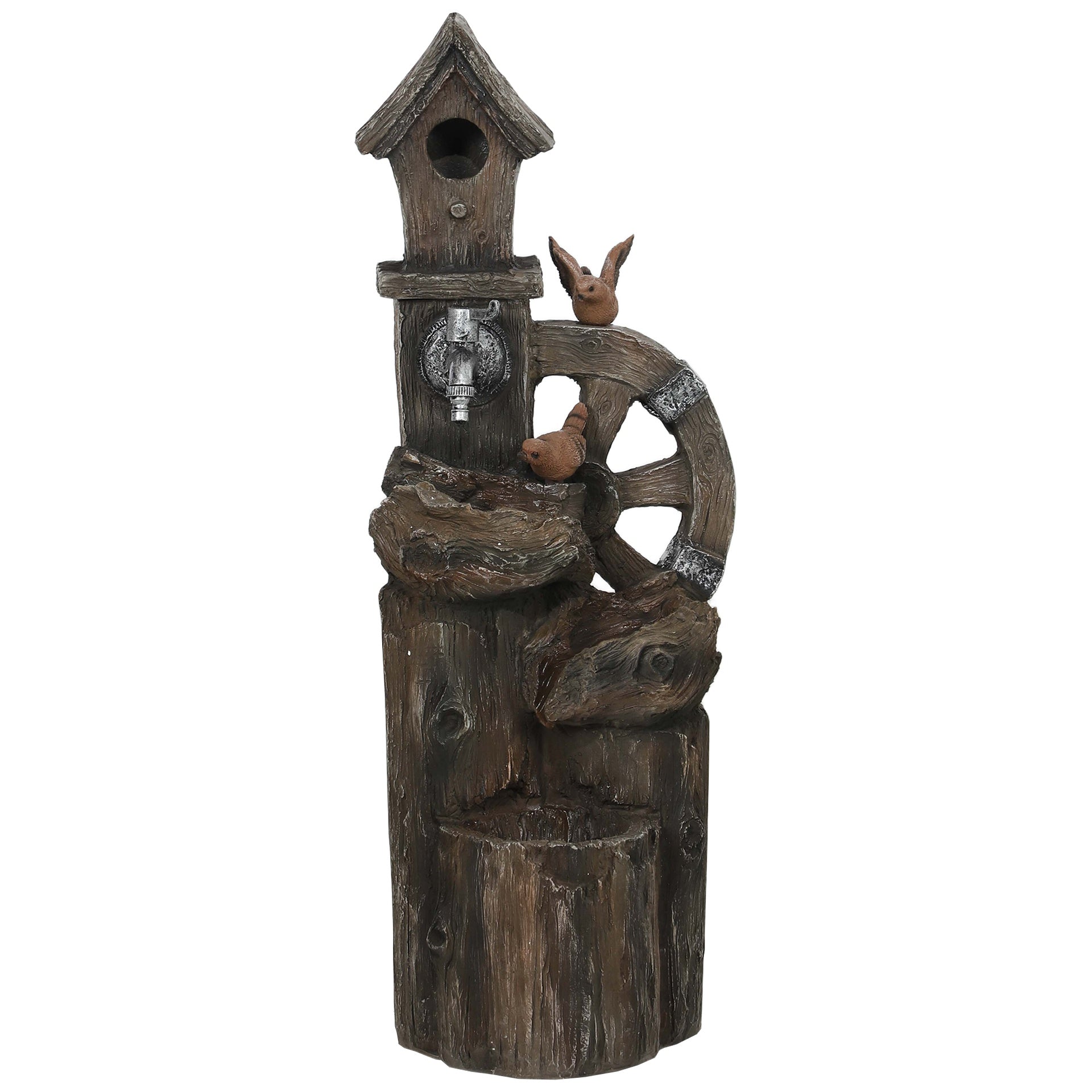 Outsunny Outdoor Water Fountain, Decorative Garden Birdhouse, 3-Tier Cascading Waterfall with LED Lights and Water Wheel, Soothing Tranquility for Home Garden, Yard Decor