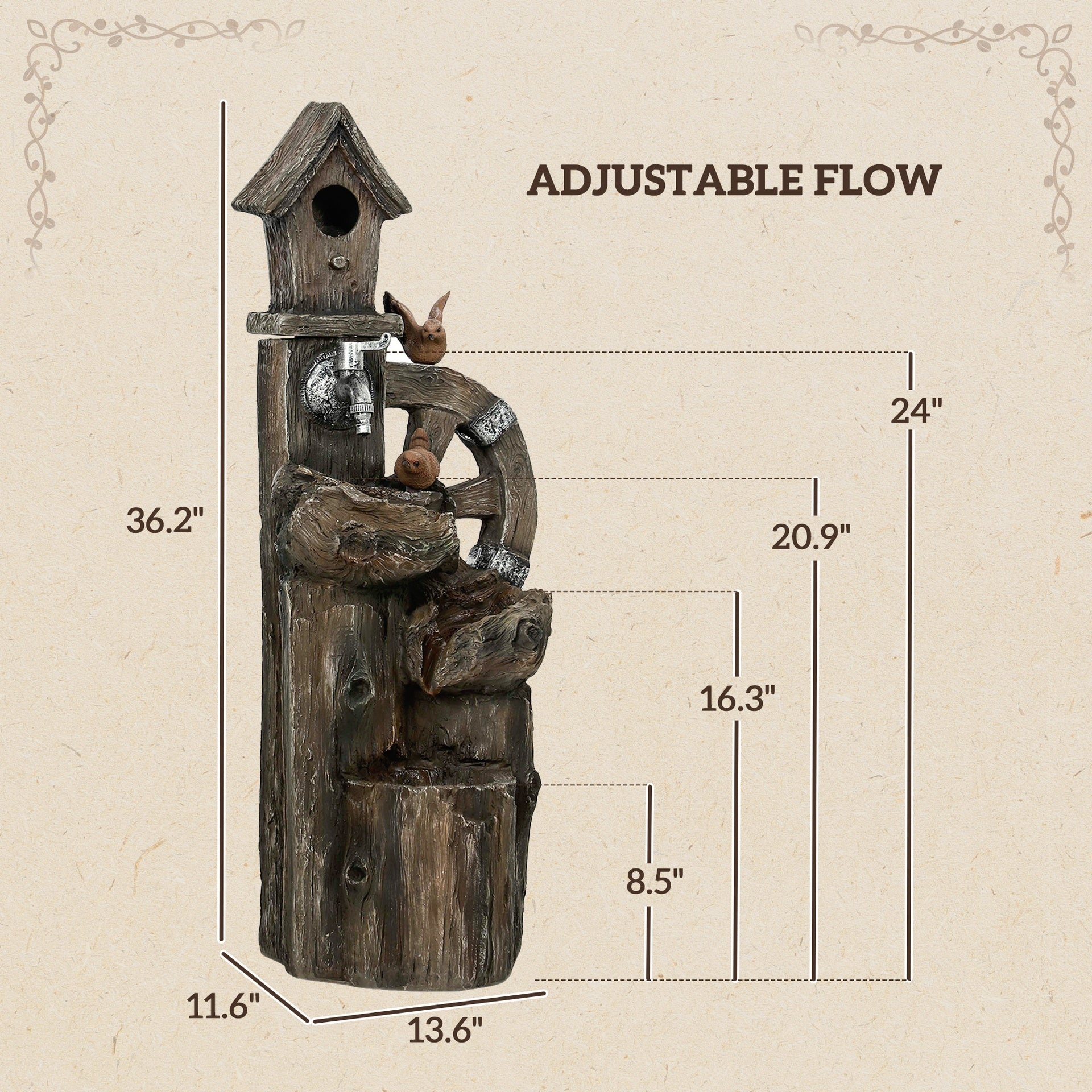 Outsunny Outdoor Water Fountain, Decorative Garden Birdhouse, 3-Tier Cascading Waterfall with LED Lights and Water Wheel, Soothing Tranquility for Home Garden, Yard Decor