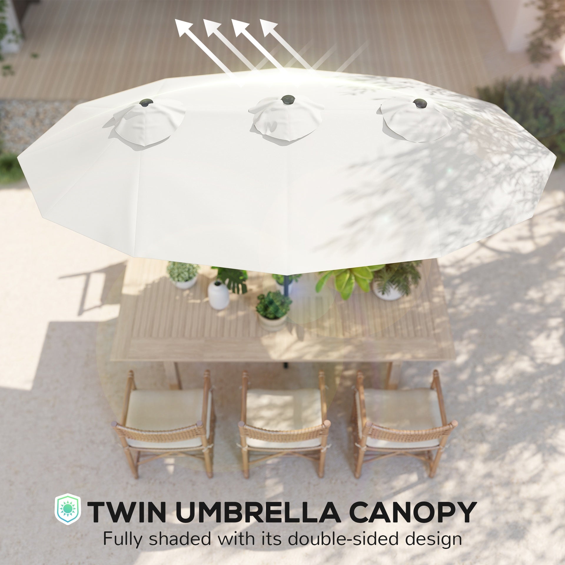 Outsunny Double Sided Patio Umbrella, 9.7' Large Outdoor Market Umbrella with Push Button Tilt and Crank, 3 Air Vents and 12 Ribs, for Garden, Deck, Pool, White
