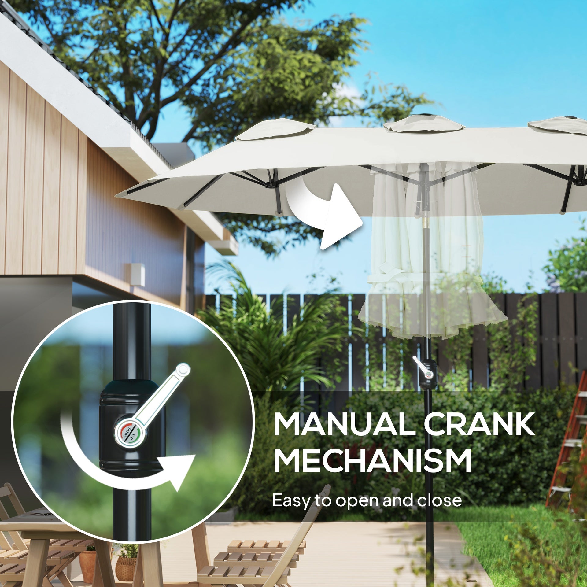 Outsunny Double Sided Patio Umbrella, 9.7' Large Outdoor Market Umbrella with Push Button Tilt and Crank, 3 Air Vents and 12 Ribs, for Garden, Deck, Pool, White