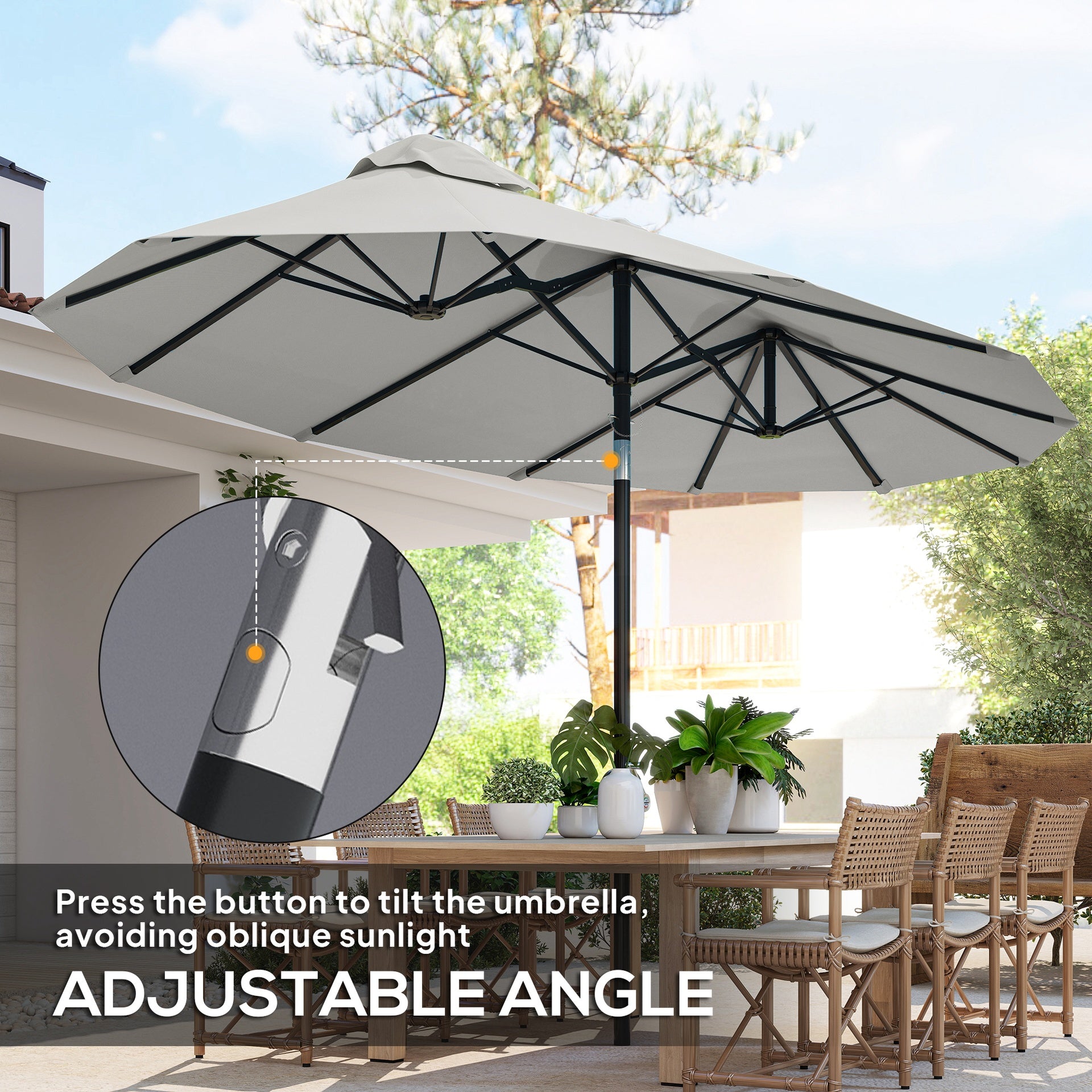 Outsunny Double Sided Patio Umbrella, 9.7' Large Outdoor Market Umbrella with Push Button Tilt and Crank, 3 Air Vents and 12 Ribs, for Garden, Deck, Pool, White