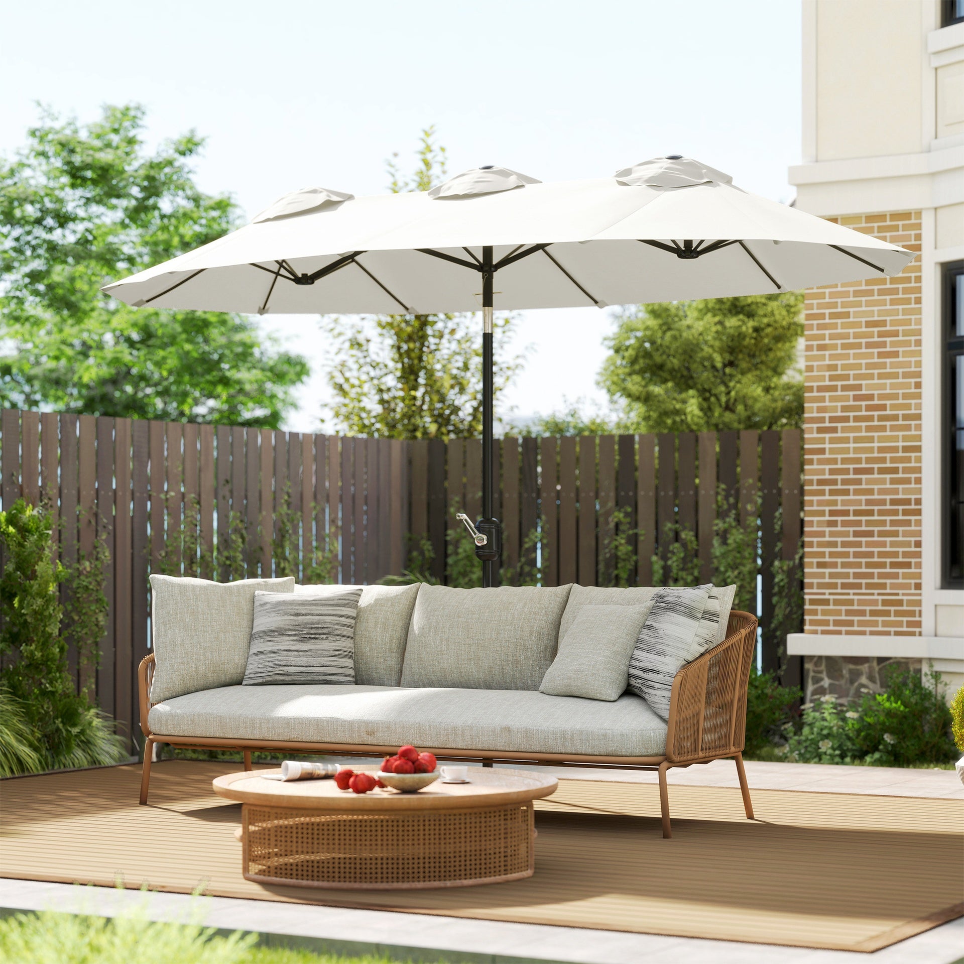 Outsunny Double Sided Patio Umbrella, 9.7' Large Outdoor Market Umbrella with Push Button Tilt and Crank, 3 Air Vents and 12 Ribs, for Garden, Deck, Pool, White