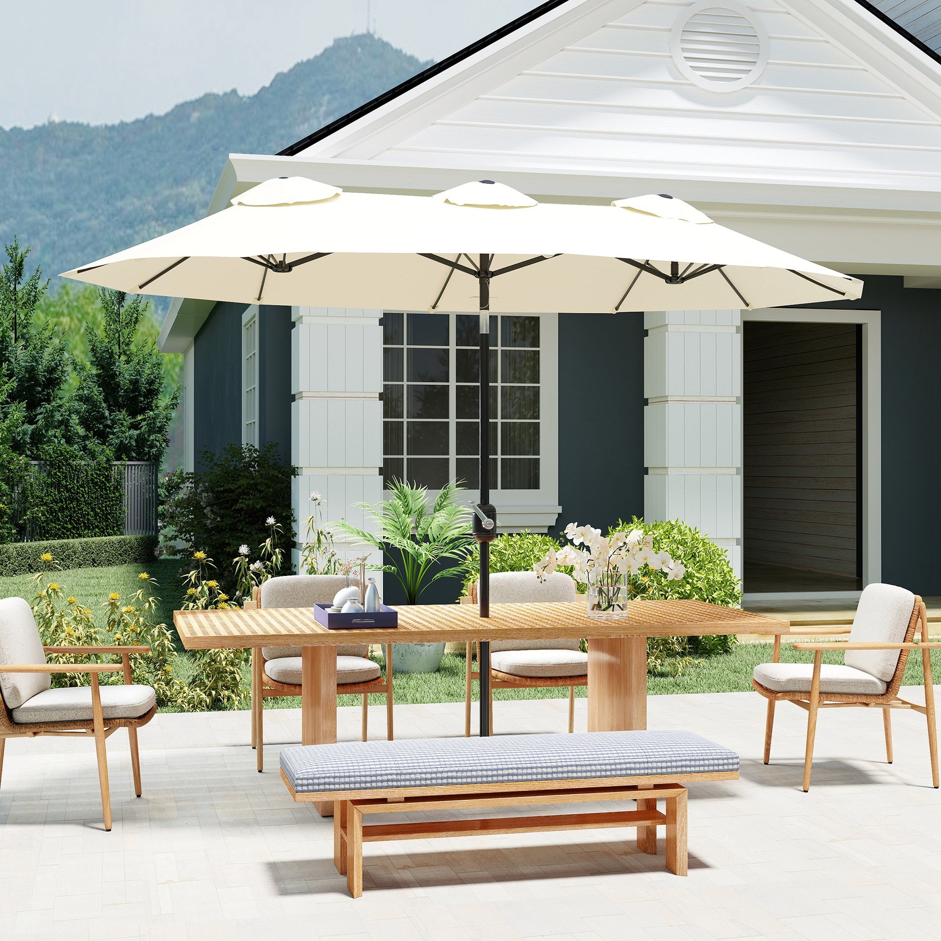 Outsunny Double Sided Patio Umbrella, 9.7' Large Outdoor Market Umbrella with Push Button Tilt and Crank, 3 Air Vents and 12 Ribs, for Garden, Deck, Pool, White