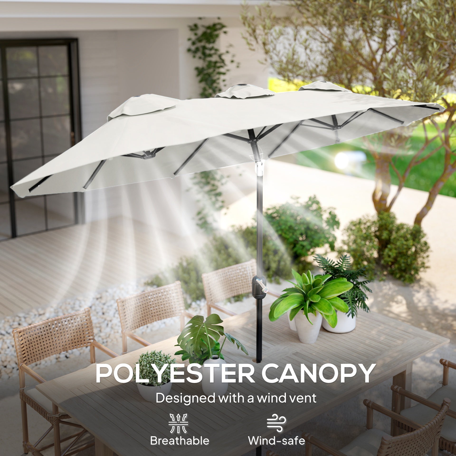 Outsunny Double Sided Patio Umbrella, 9.7' Large Outdoor Market Umbrella with Push Button Tilt and Crank, 3 Air Vents and 12 Ribs, for Garden, Deck, Pool, White