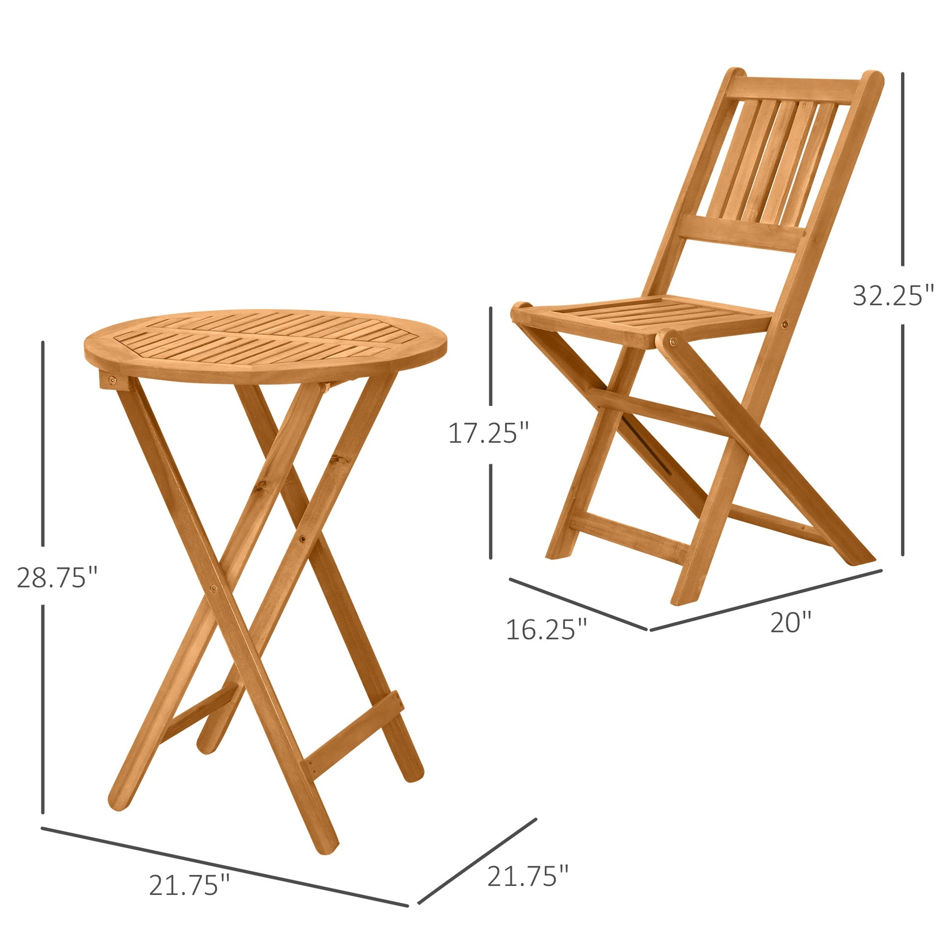Outsunny 3-Piece Acacia Wood Bistro Set, Folding Patio Furniture with 2 Folding Chairs and Round Coffee Table, Teak, Slatted Finish, for Backyard, Balcony, Deck, Natural