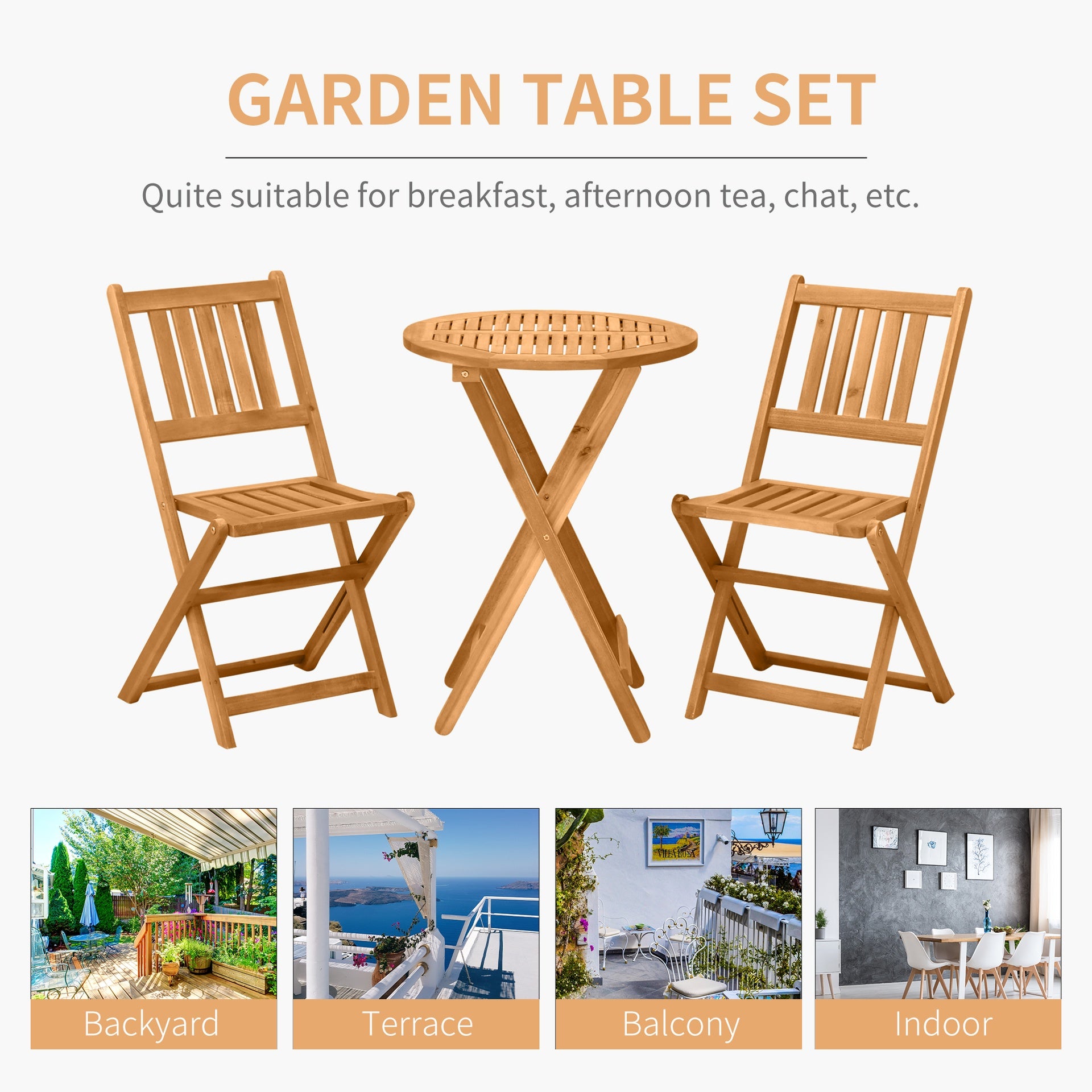 Outsunny 3-Piece Acacia Wood Bistro Set, Folding Patio Furniture with 2 Folding Chairs and Round Coffee Table, Teak, Slatted Finish, for Backyard, Balcony, Deck, Natural
