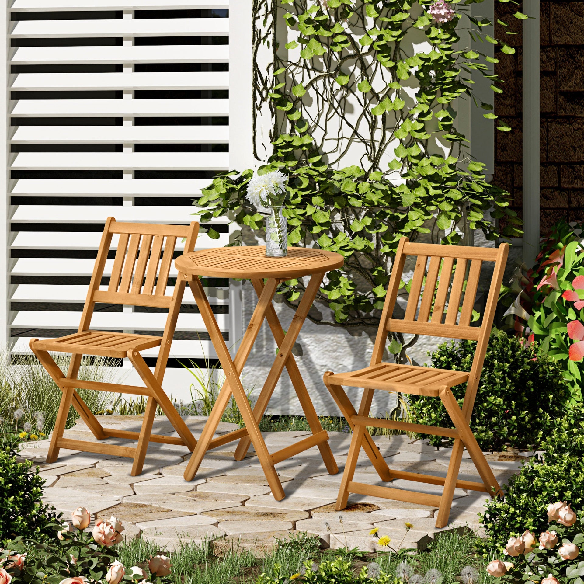 Outsunny 3-Piece Acacia Wood Bistro Set, Folding Patio Furniture with 2 Folding Chairs and Round Coffee Table, Teak, Slatted Finish, for Backyard, Balcony, Deck, Natural