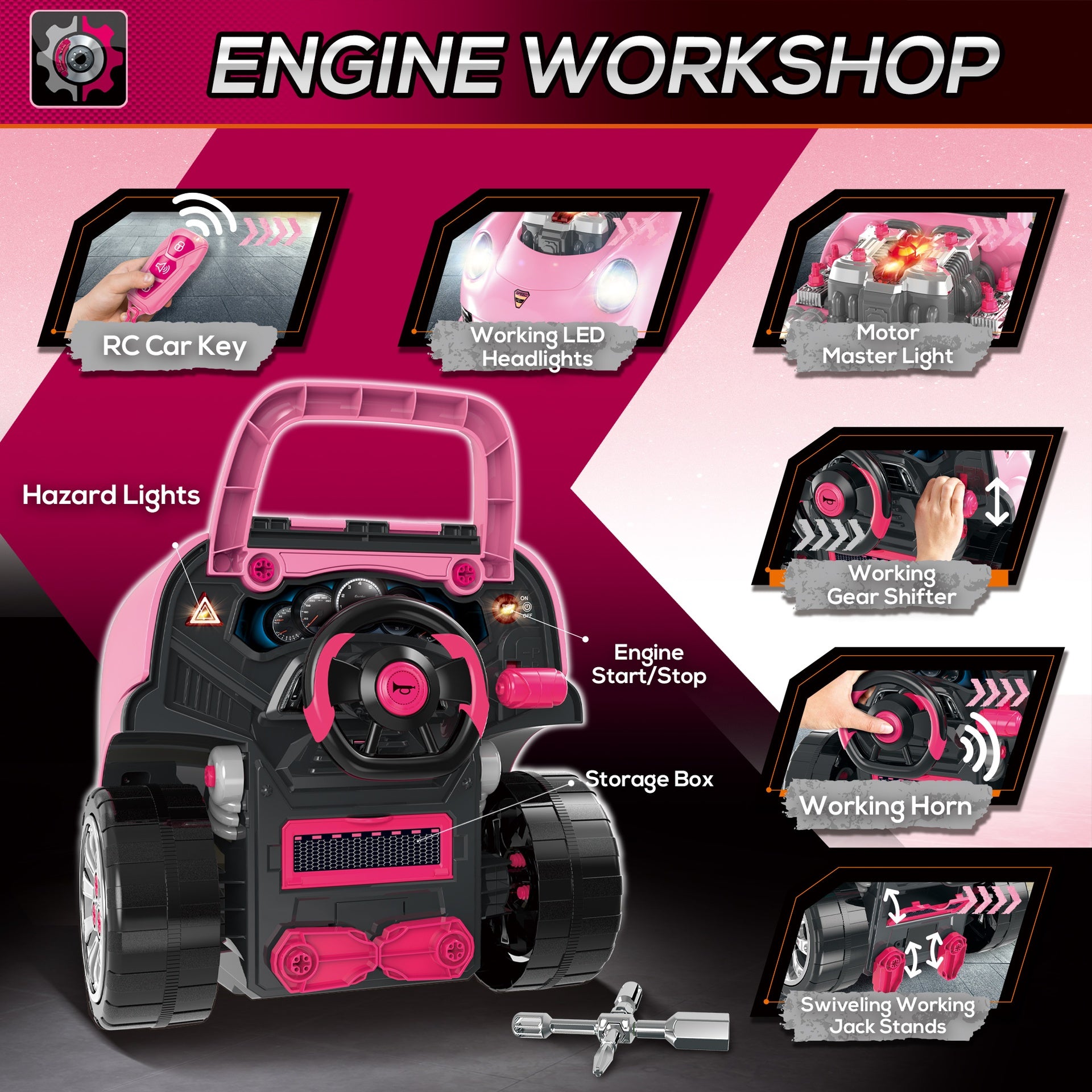 Qaba Mechanic Kids Truck Engine Toy Set, Car Service Play Set, Pink