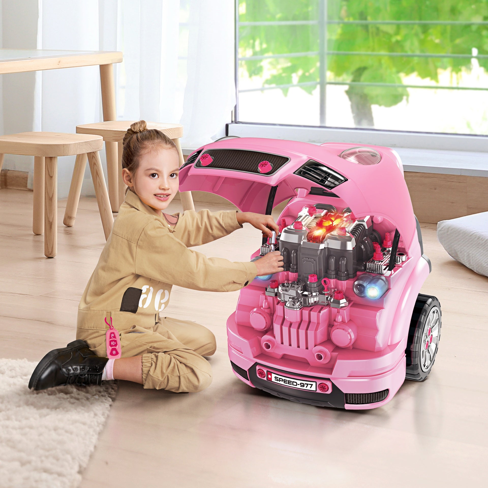 Qaba Mechanic Kids Truck Engine Toy Set, Car Service Play Set, Pink